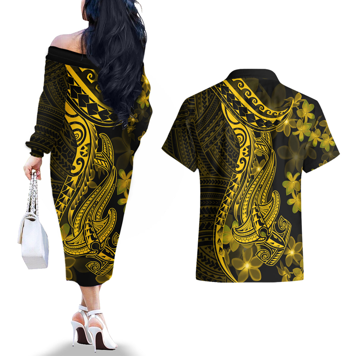 Gold Polynesia Shark Tattoo Couples Matching Off The Shoulder Long Sleeve Dress and Hawaiian Shirt With Polynesian Plumeria LT14 - Polynesian Pride
