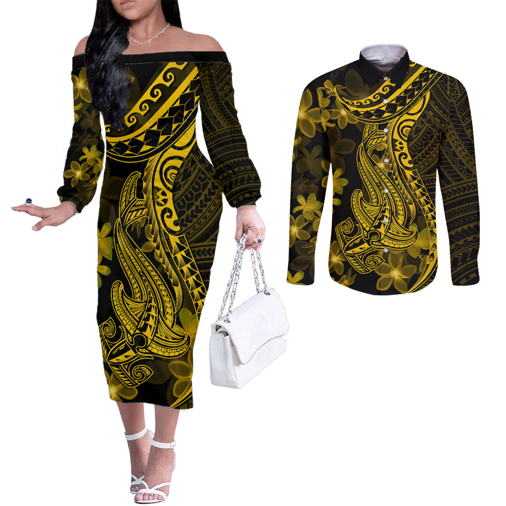 Gold Polynesia Shark Tattoo Couples Matching Off The Shoulder Long Sleeve Dress and Long Sleeve Button Shirt With Polynesian Plumeria LT14 Gold - Polynesian Pride