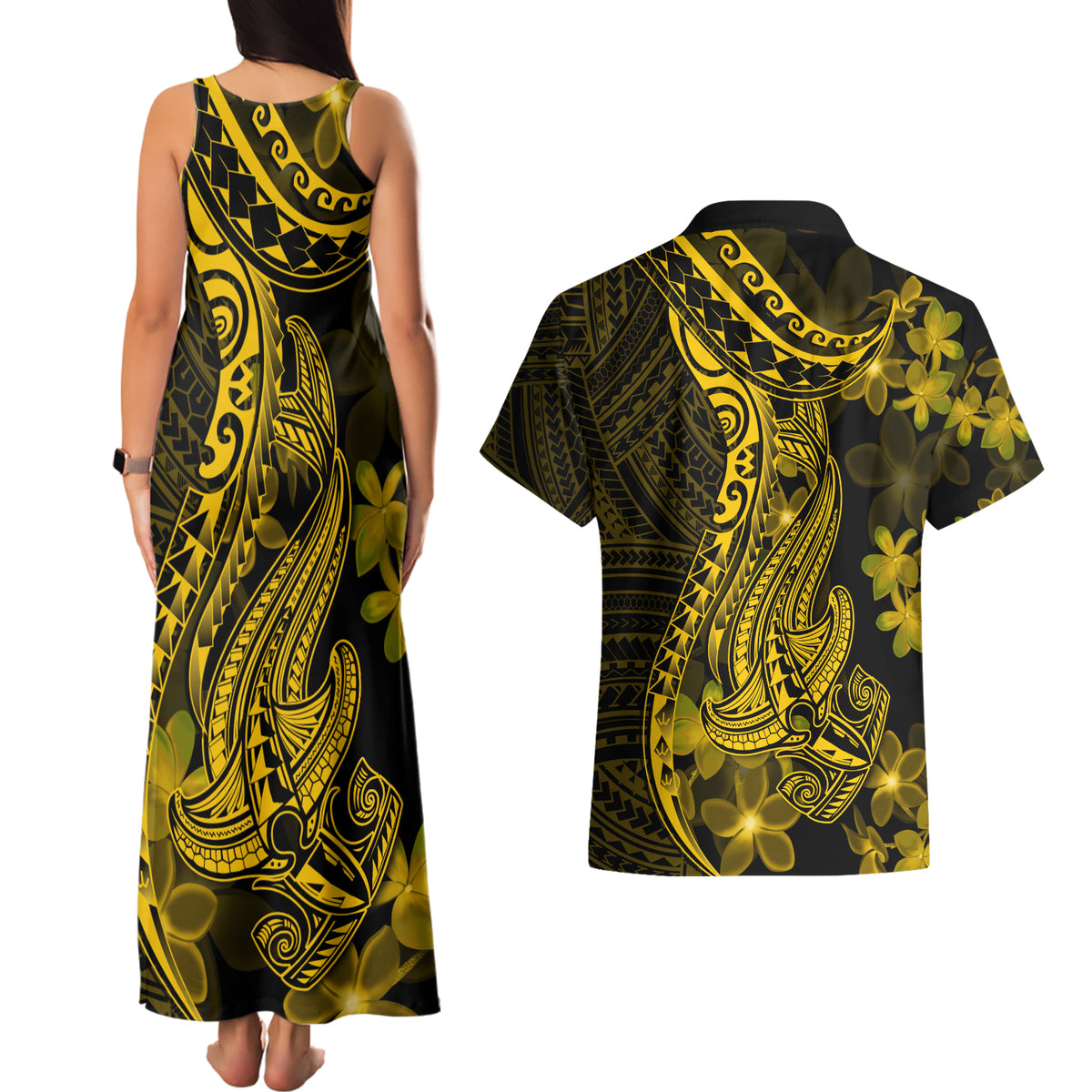 Gold Polynesia Shark Tattoo Couples Matching Tank Maxi Dress and Hawaiian Shirt With Polynesian Plumeria LT14 - Polynesian Pride
