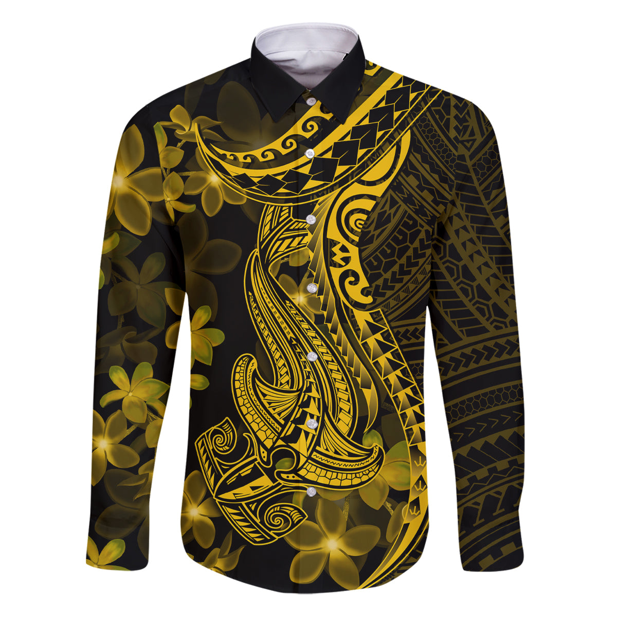 Gold Polynesia Shark Tattoo Family Matching Puletasi Dress and Hawaiian Shirt With Polynesian Plumeria LT14 Dad's Shirt - Long Sleeve Gold - Polynesian Pride