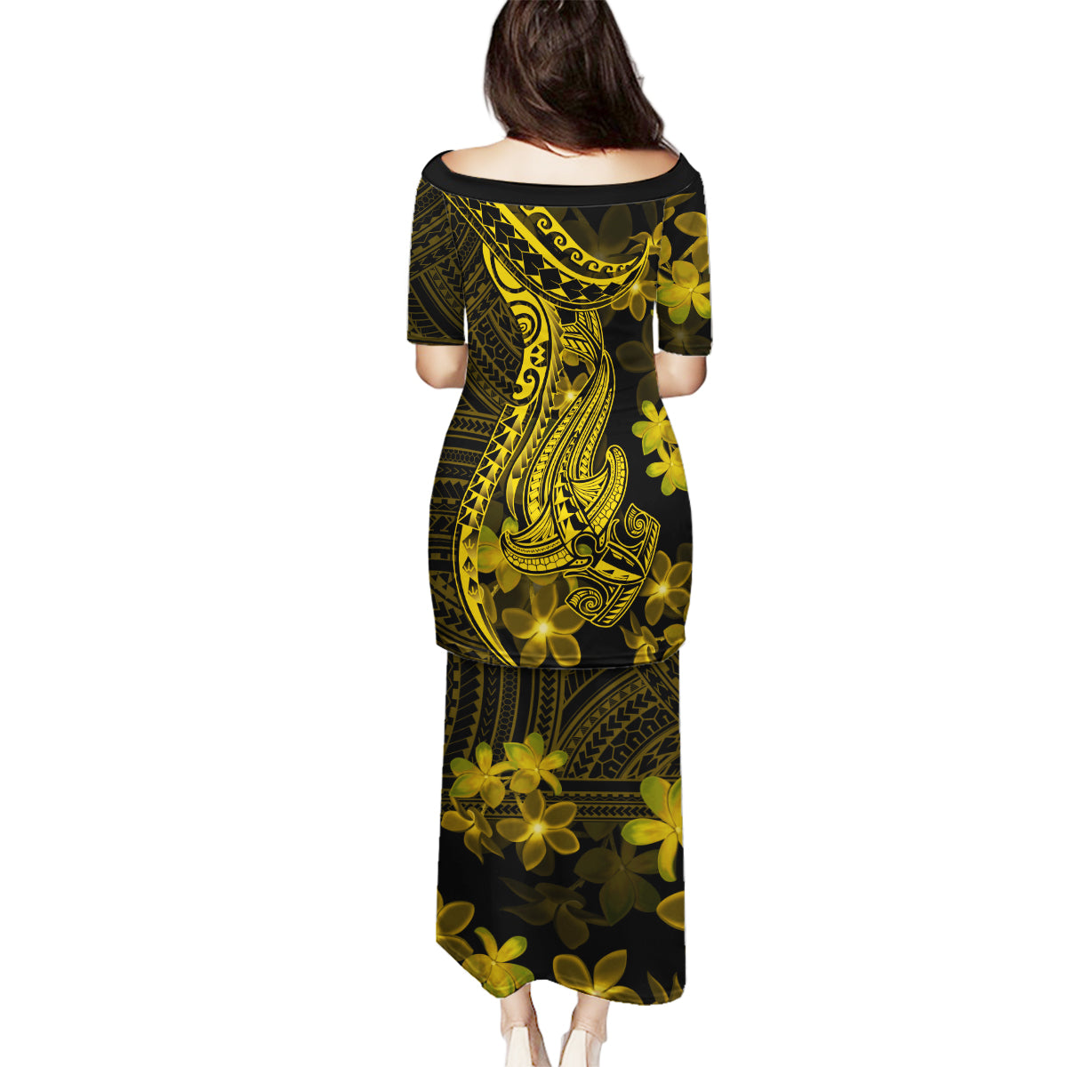 Gold Polynesia Shark Tattoo Family Matching Puletasi Dress and Hawaiian Shirt With Polynesian Plumeria LT14 - Polynesian Pride