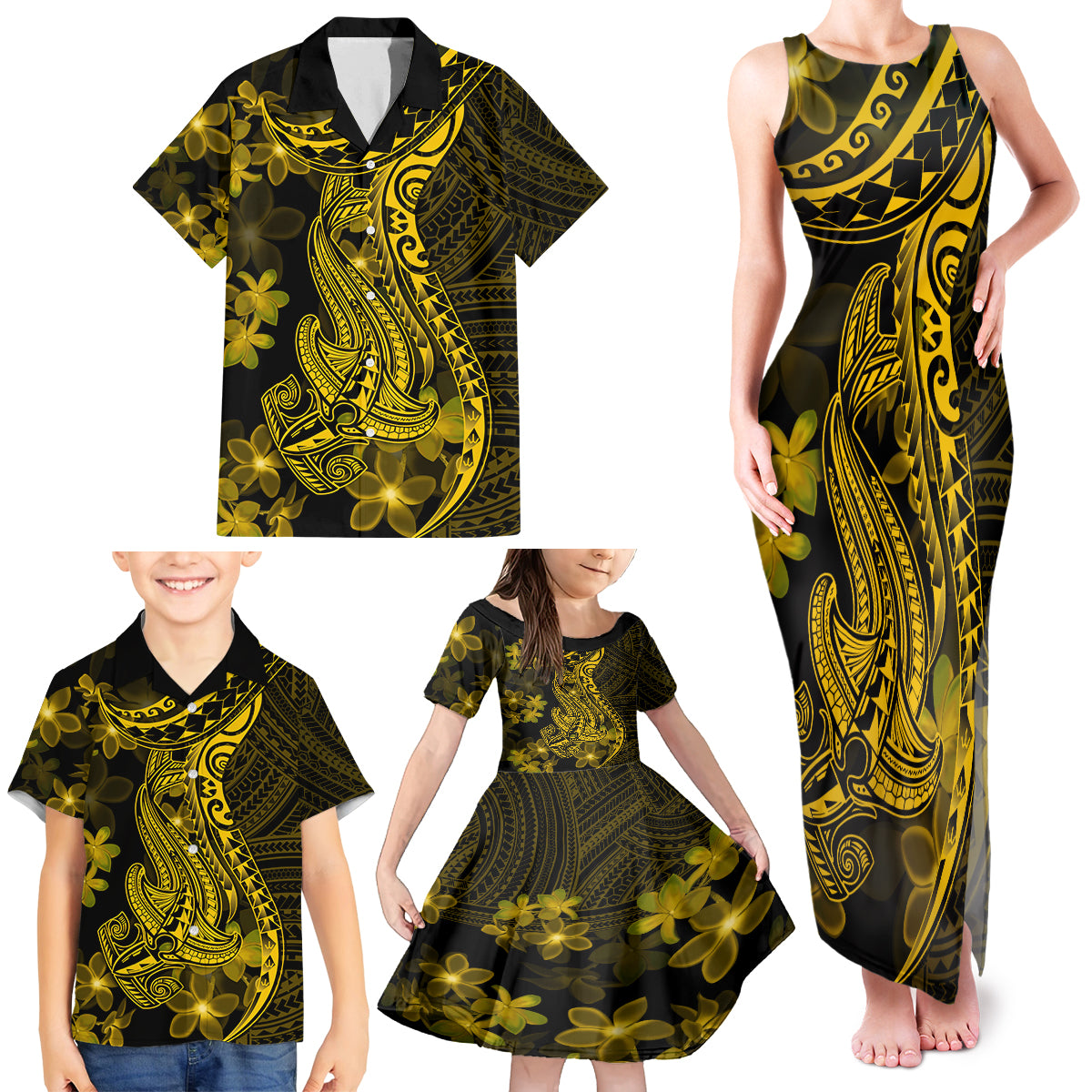 Gold Polynesia Shark Tattoo Family Matching Tank Maxi Dress and Hawaiian Shirt With Polynesian Plumeria LT14 - Polynesian Pride