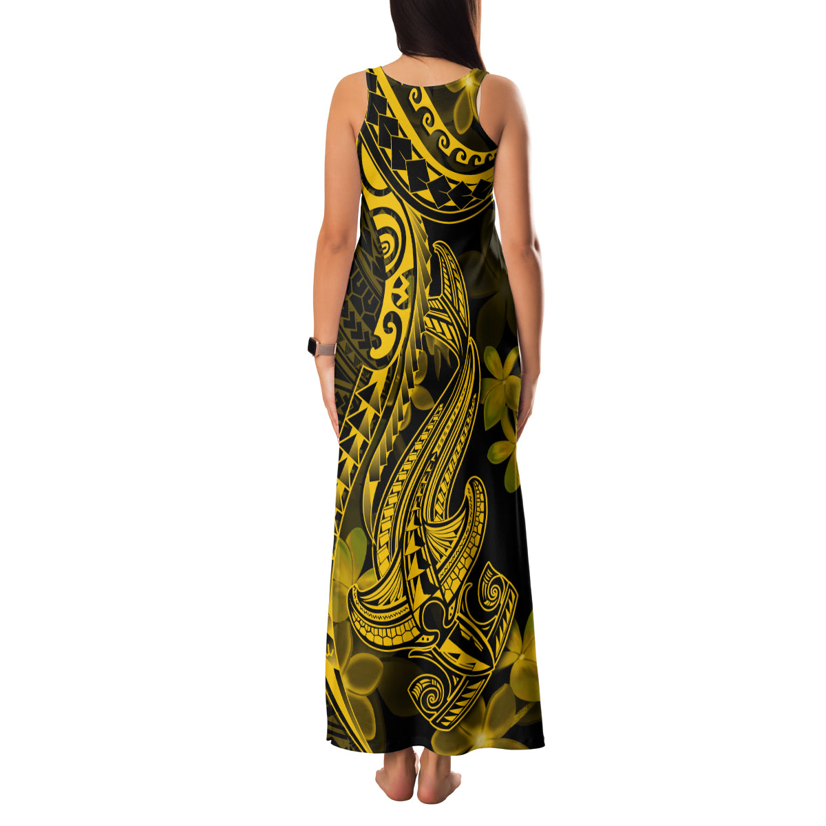 Gold Polynesia Shark Tattoo Family Matching Tank Maxi Dress and Hawaiian Shirt With Polynesian Plumeria LT14 - Polynesian Pride