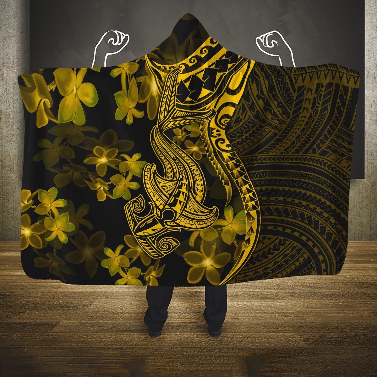 Gold Polynesia Shark Tattoo Hooded Blanket With Polynesian Plumeria LT14 One Size Gold - Polynesian Pride