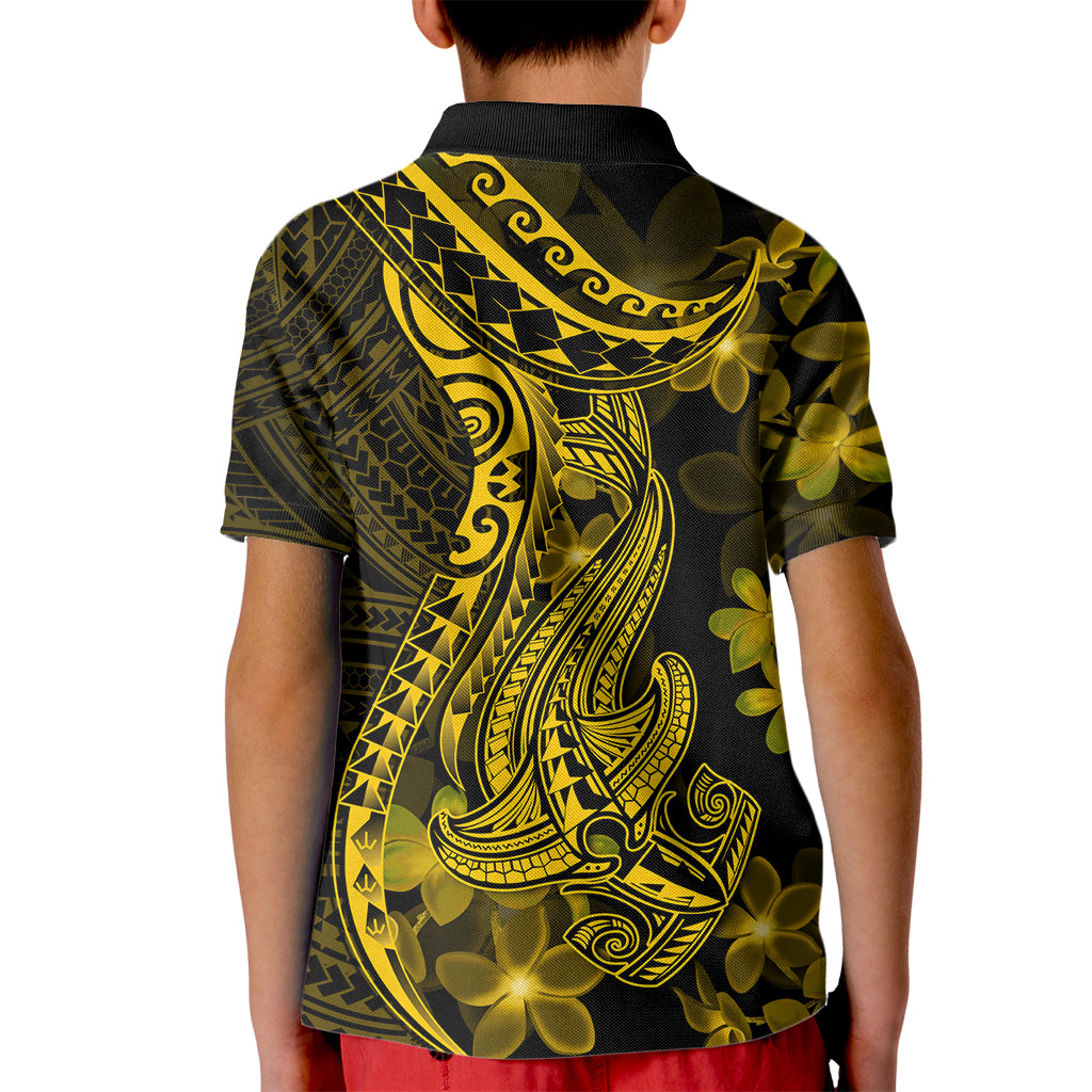 Gold Polynesia Shark Tattoo Kid Polo Shirt With Polynesian Plumeria LT14 - Polynesian Pride