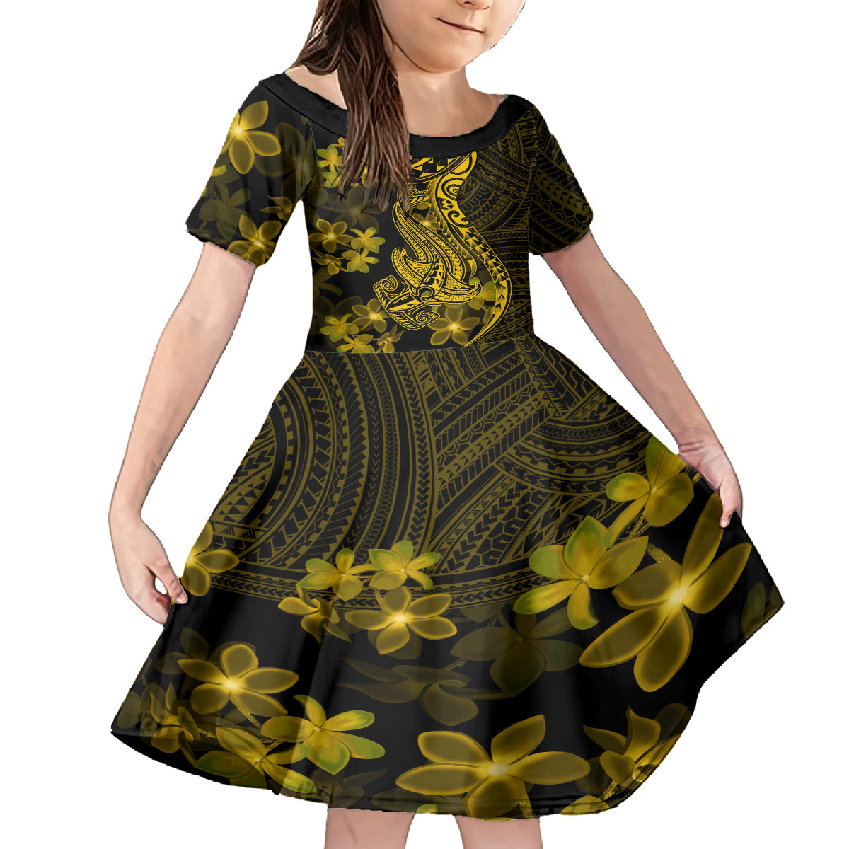 Gold Polynesia Shark Tattoo Kid Short Sleeve Dress With Polynesian Plumeria LT14 KID Gold - Polynesian Pride