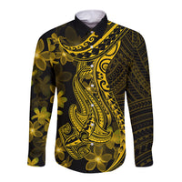 Gold Polynesia Shark Tattoo Long Sleeve Button Shirt With Polynesian Plumeria LT14 Unisex Gold - Polynesian Pride