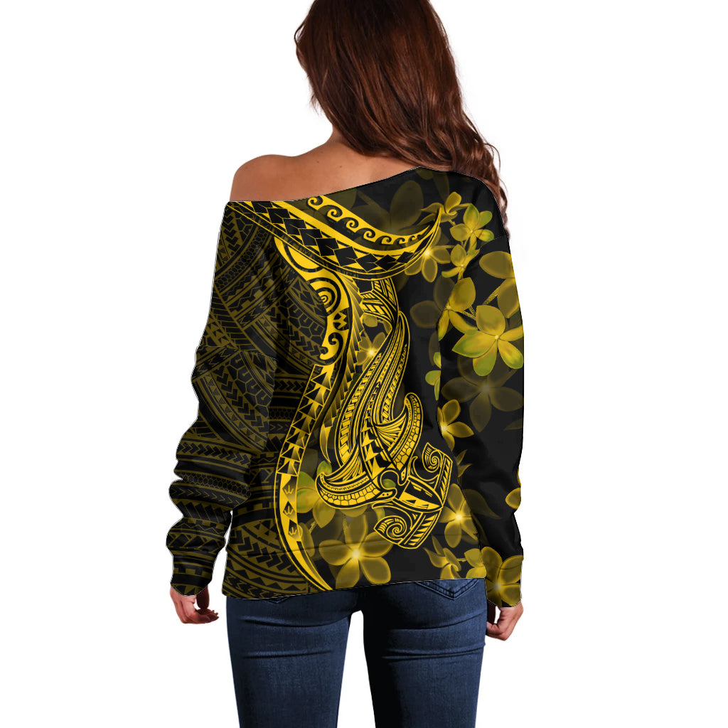 Gold Polynesia Shark Tattoo Off Shoulder Sweater With Polynesian Plumeria LT14 - Polynesian Pride