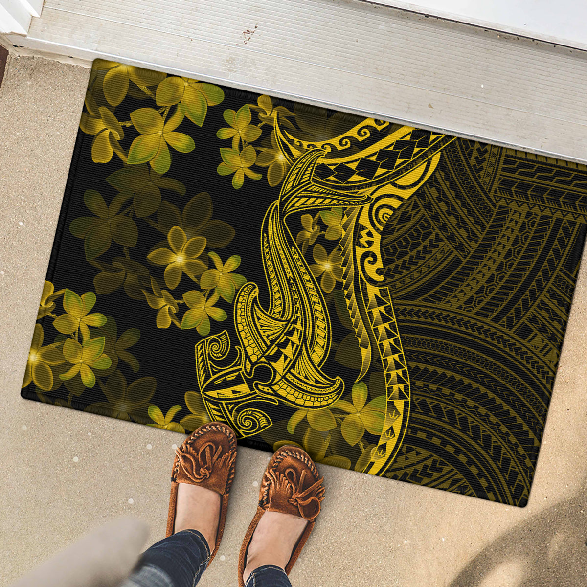 Gold Polynesia Shark Tattoo Rubber Doormat With Polynesian Plumeria LT14 - Polynesian Pride
