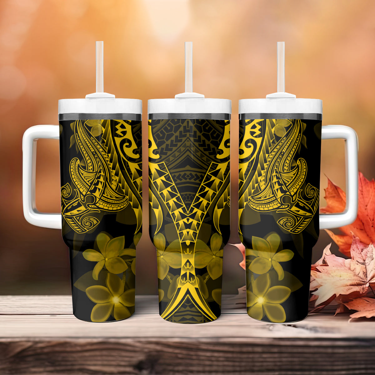 Gold Polynesia Shark Tattoo Tumbler With Handle With Polynesian Plumeria