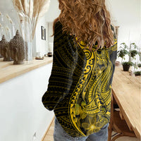 Gold Polynesia Shark Tattoo Women Casual Shirt With Polynesian Plumeria LT14 - Polynesian Pride