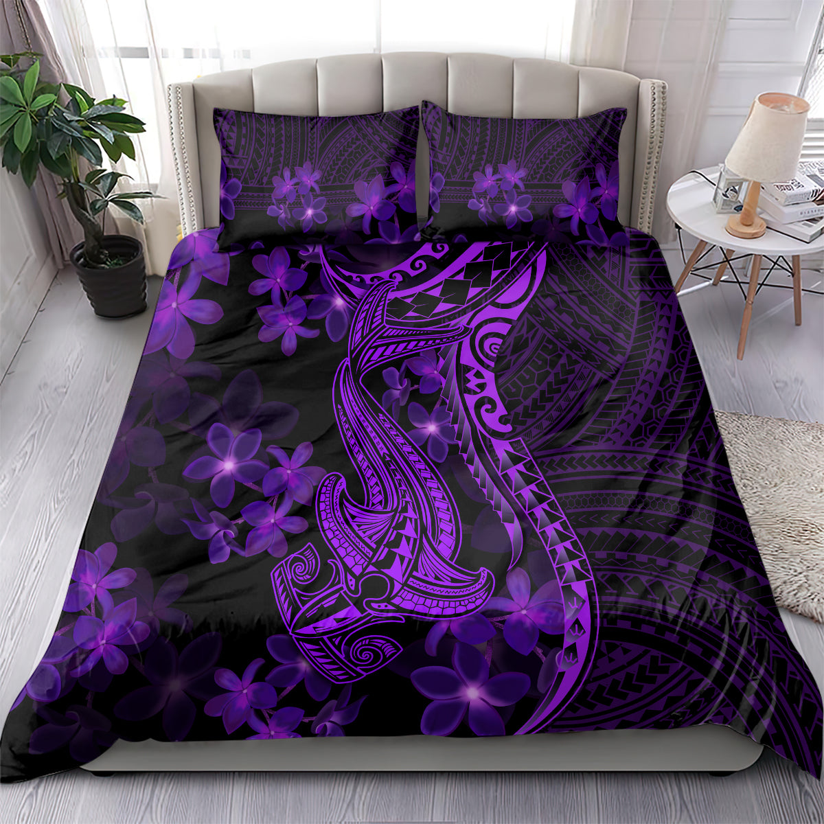Purple Polynesia Shark Tattoo Bedding Set With Polynesian Plumeria LT14 - Polynesian Pride
