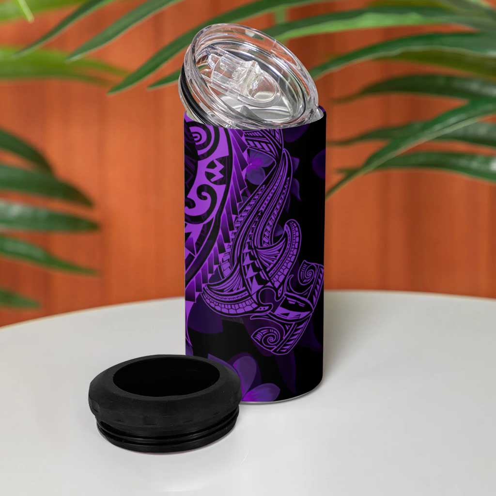 Purple Polynesia Shark Tattoo 4 in 1 Can Cooler Tumbler With Polynesian Plumeria