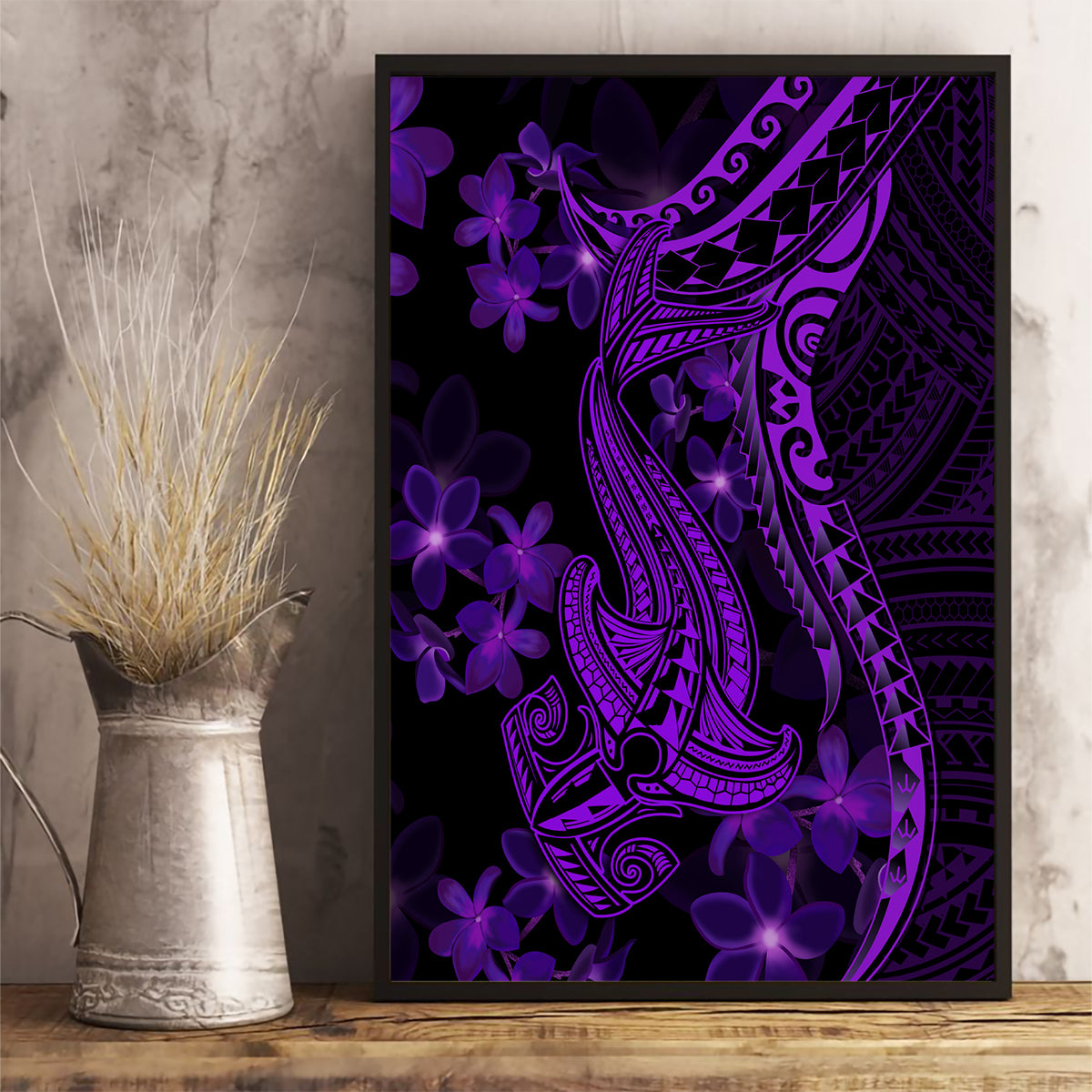Purple Polynesia Shark Tattoo Canvas Wall Art With Polynesian Plumeria LT14 - Polynesian Pride