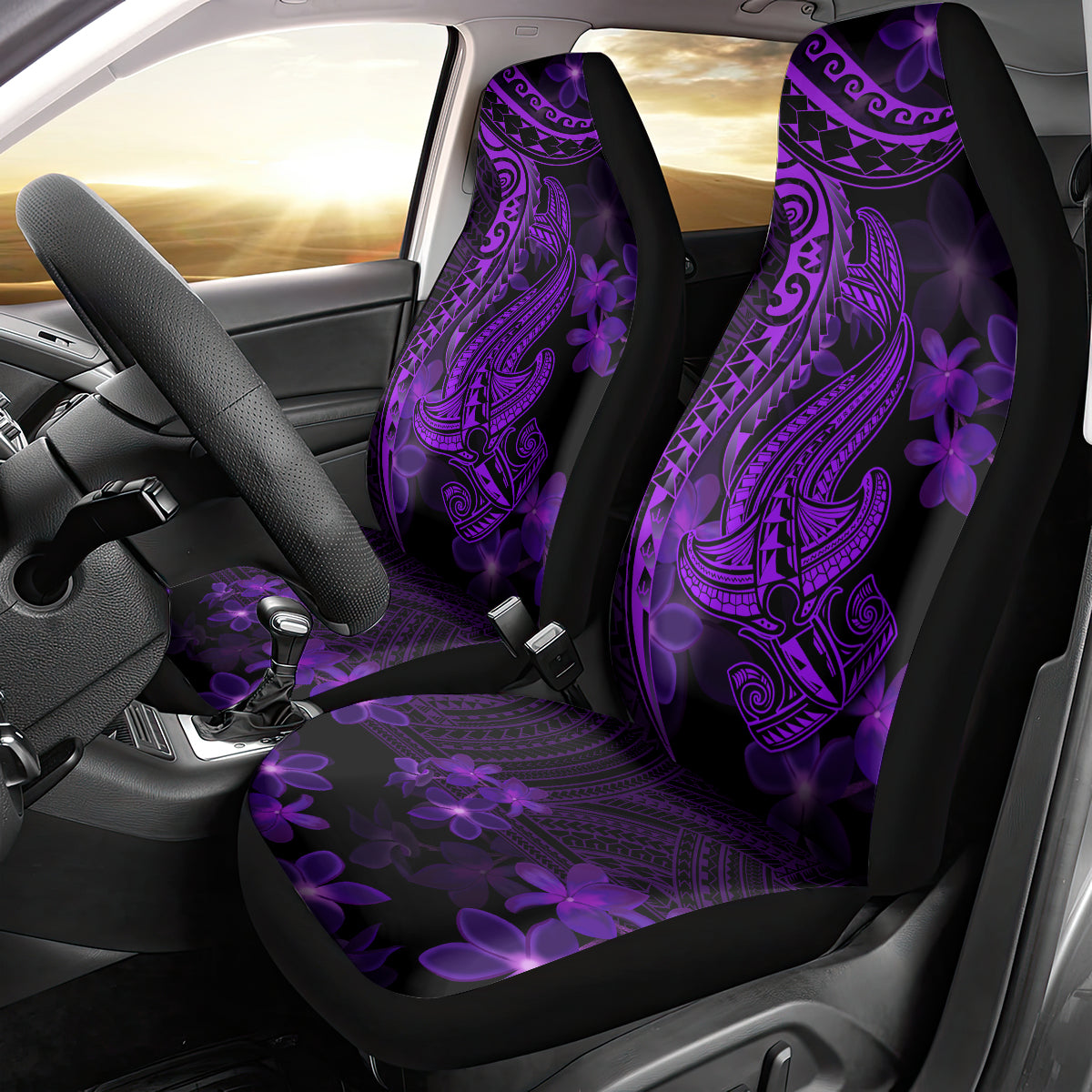 Purple Polynesia Shark Tattoo Car Seat Cover With Polynesian Plumeria LT14 - Polynesian Pride