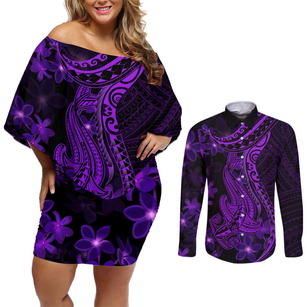 Purple Polynesia Shark Tattoo Couples Matching Off Shoulder Short Dress and Long Sleeve Button Shirt With Polynesian Plumeria LT14 Purple - Polynesian Pride