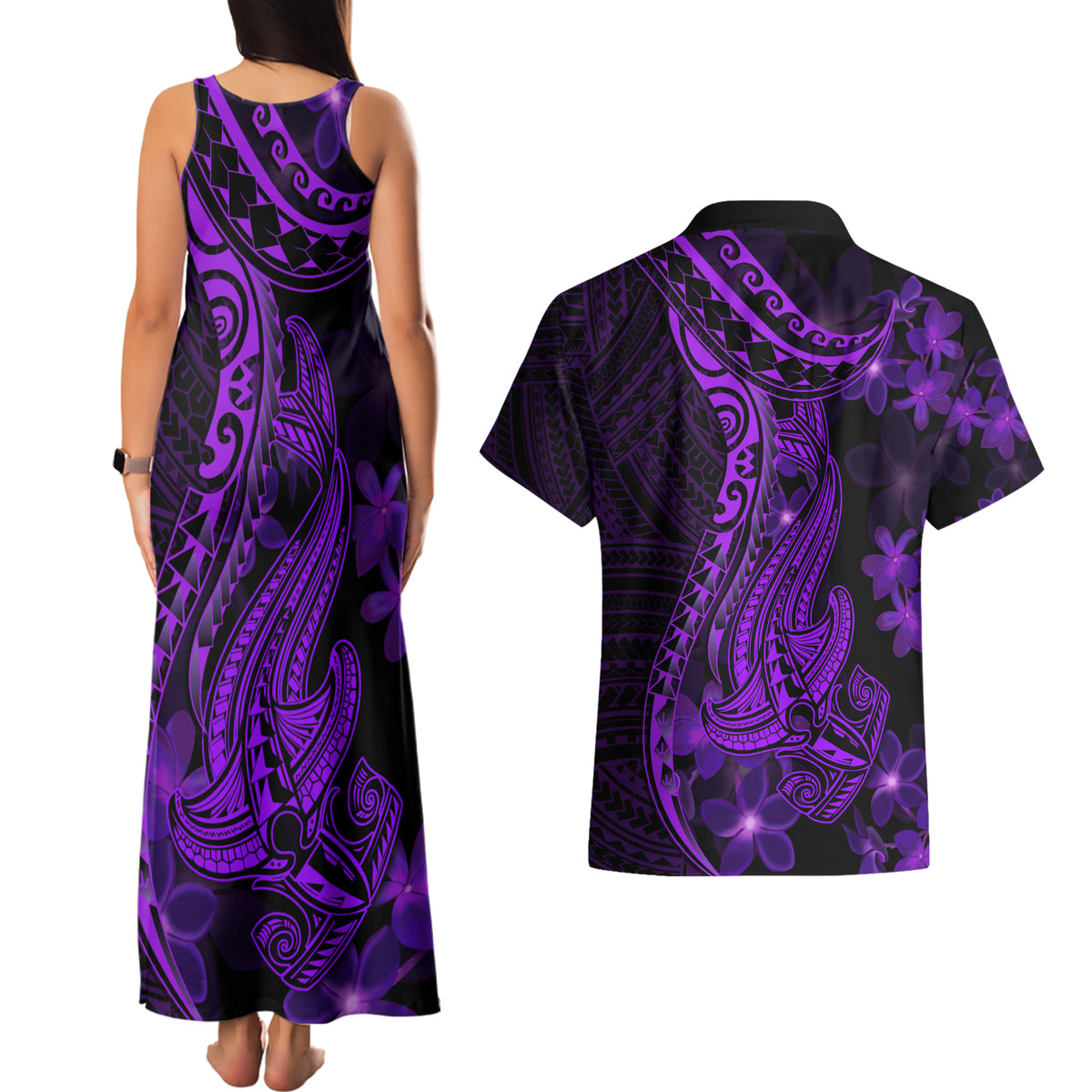 Purple Polynesia Shark Tattoo Couples Matching Tank Maxi Dress and Hawaiian Shirt With Polynesian Plumeria LT14 - Polynesian Pride