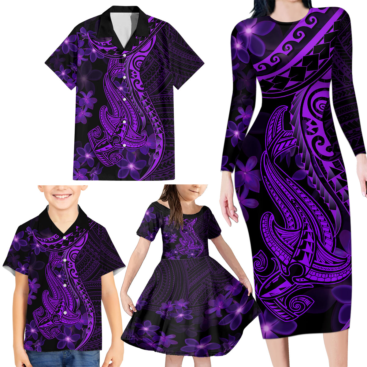 Purple Polynesia Shark Tattoo Family Matching Long Sleeve Bodycon Dress and Hawaiian Shirt With Polynesian Plumeria LT14 - Polynesian Pride