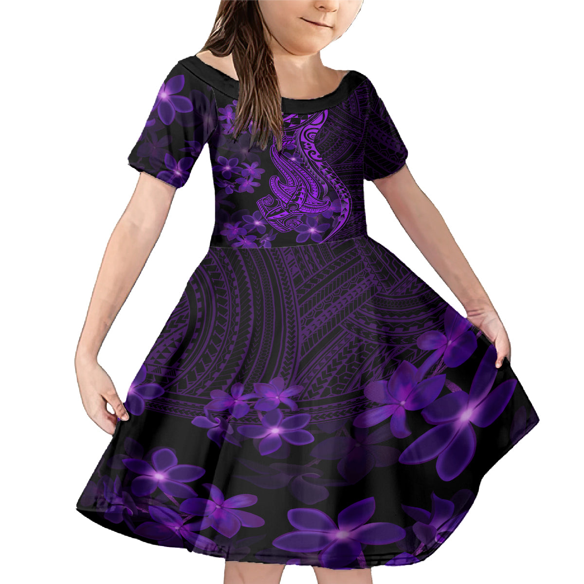 Purple Polynesia Shark Tattoo Family Matching Mermaid Dress and Hawaiian Shirt With Polynesian Plumeria LT14 Daughter's Dress Purple - Polynesian Pride