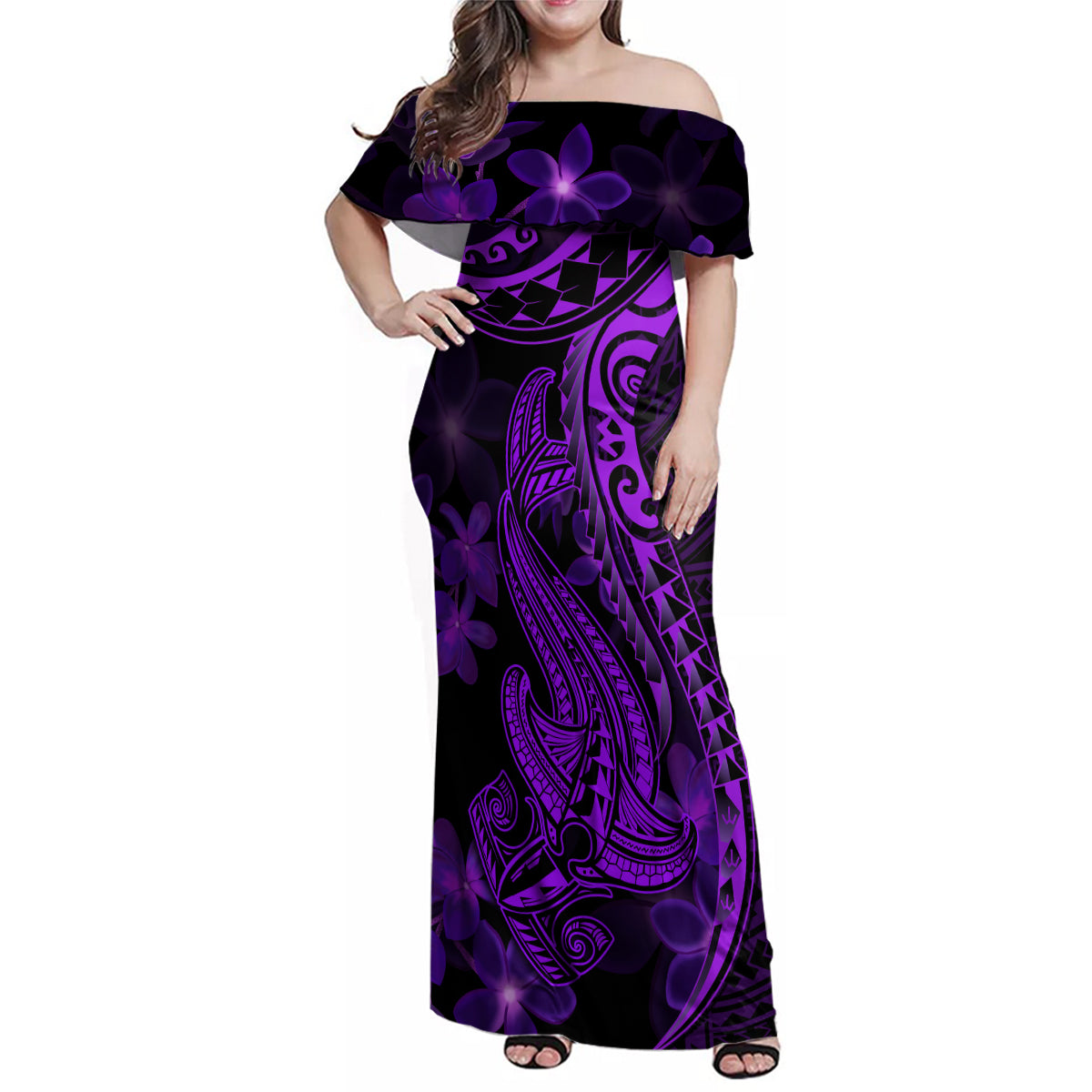Purple Polynesia Shark Tattoo Family Matching Off Shoulder Maxi Dress and Hawaiian Shirt With Polynesian Plumeria LT14 Mom's Dress Purple - Polynesian Pride
