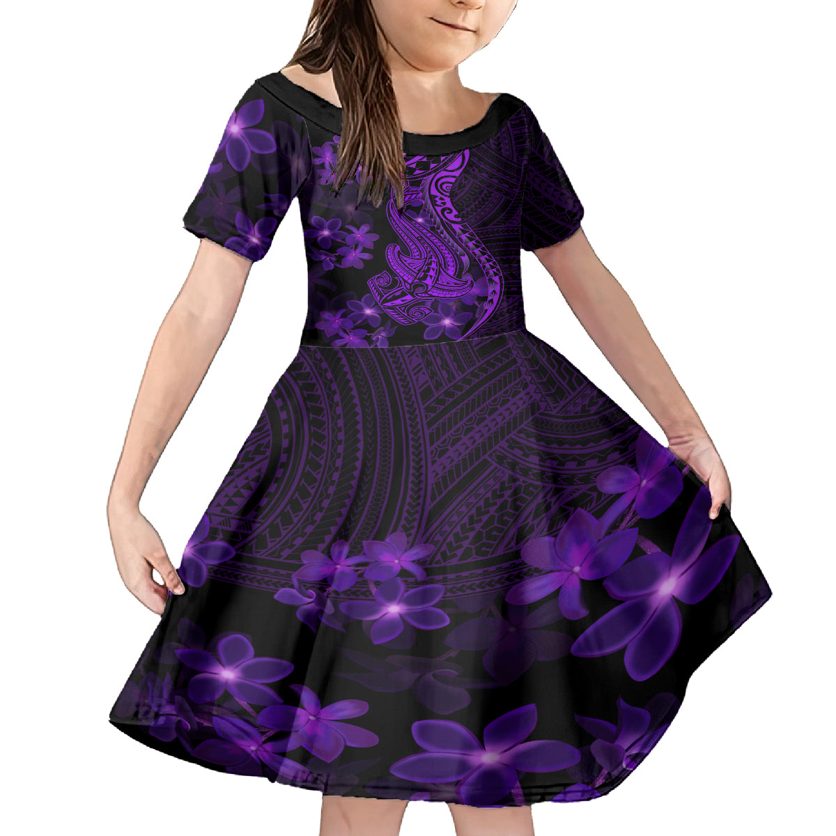 Purple Polynesia Shark Tattoo Family Matching Tank Maxi Dress and Hawaiian Shirt With Polynesian Plumeria LT14 Daughter's Dress Purple - Polynesian Pride
