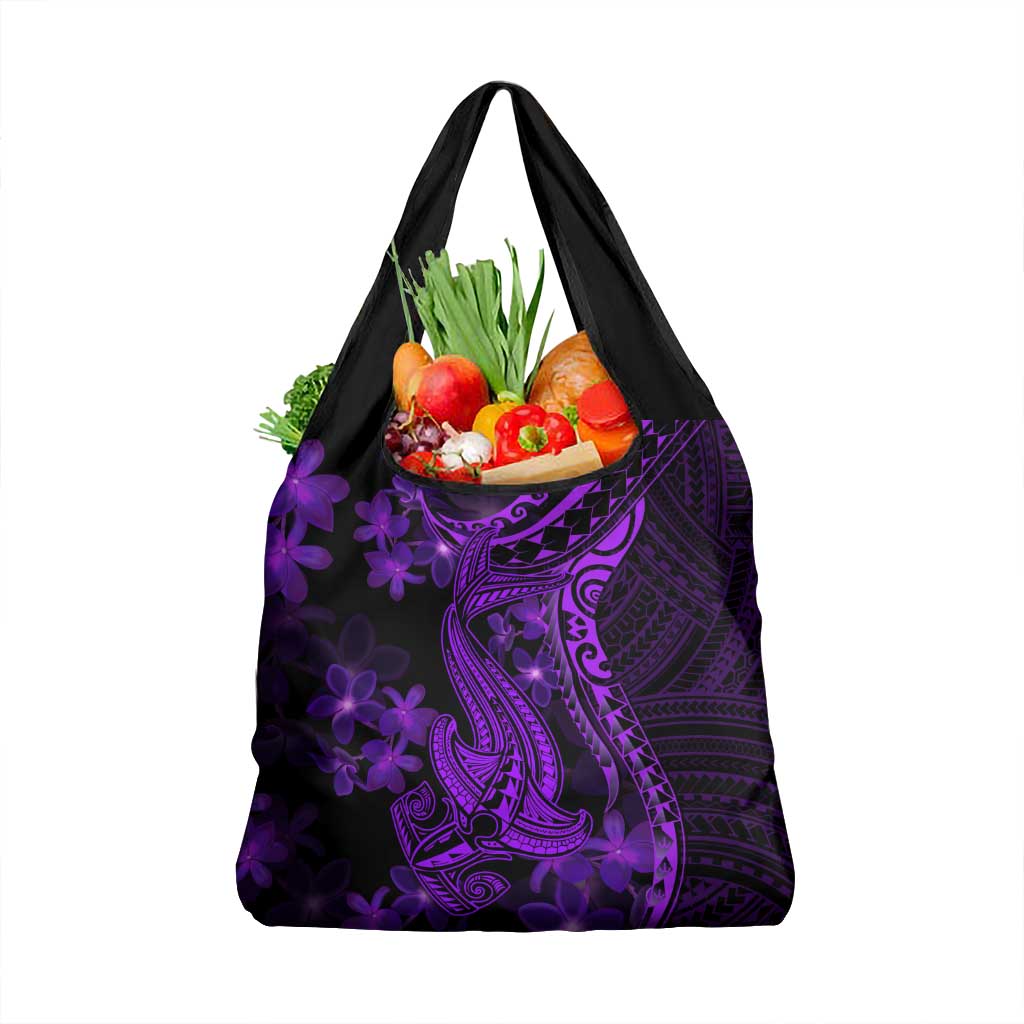 Purple Polynesia Shark Tattoo Grocery Bag With Polynesian Plumeria