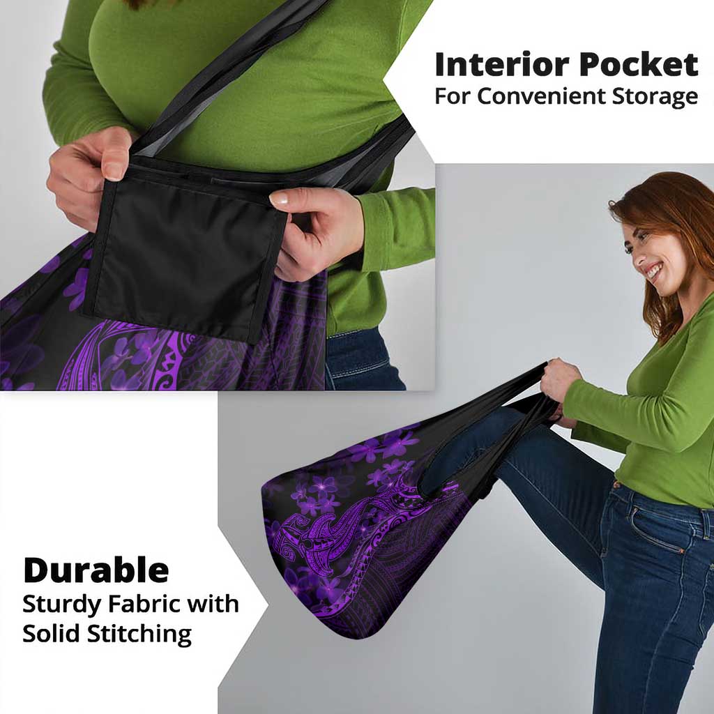 Purple Polynesia Shark Tattoo Grocery Bag With Polynesian Plumeria