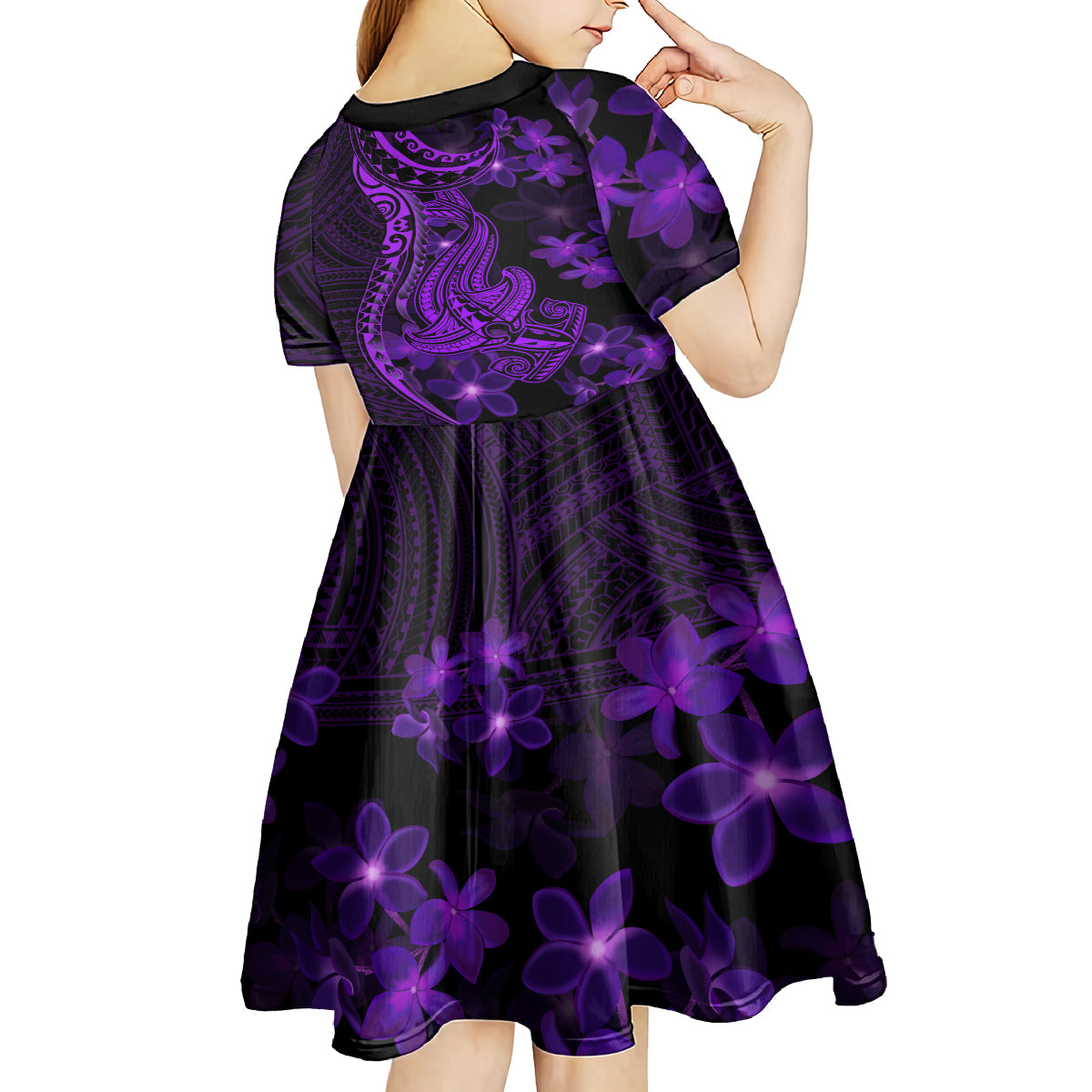 Purple Polynesia Shark Tattoo Kid Short Sleeve Dress With Polynesian Plumeria LT14 - Polynesian Pride