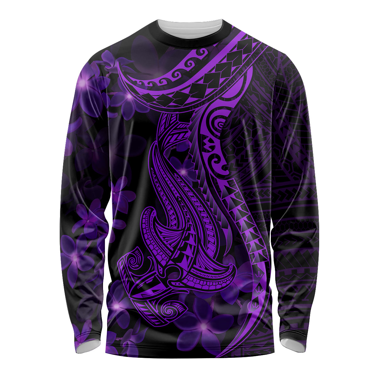 Purple Polynesia Shark Tattoo Long Sleeve Shirt With Polynesian Plumeria LT14 Unisex Purple - Polynesian Pride