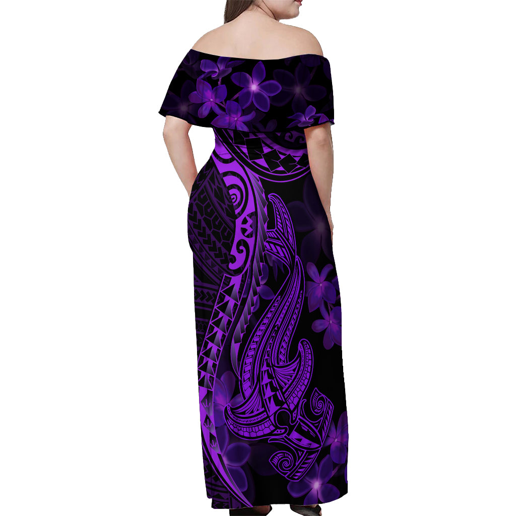 Purple Polynesia Shark Tattoo Off Shoulder Maxi Dress With Polynesian Plumeria LT14 - Polynesian Pride