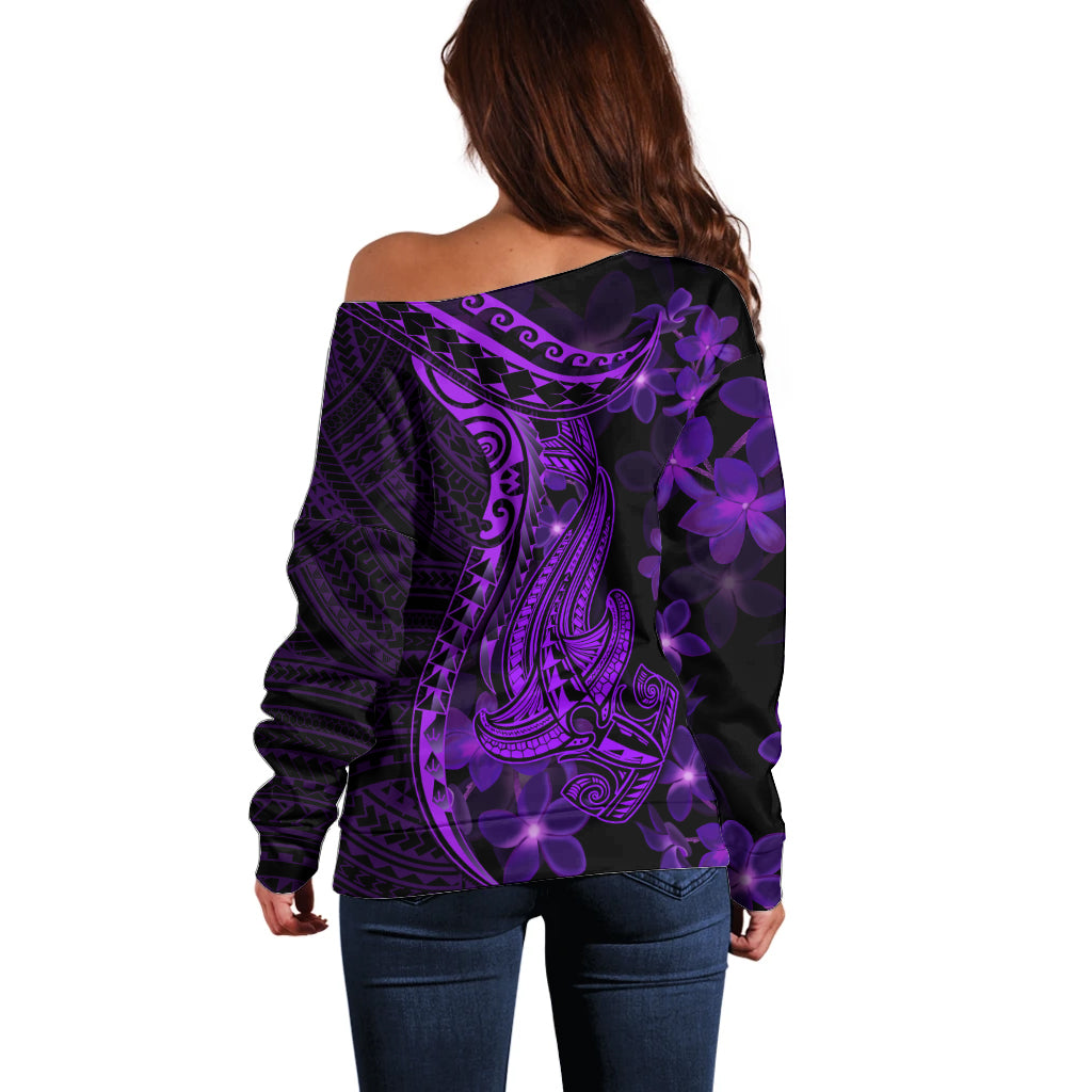 Purple Polynesia Shark Tattoo Off Shoulder Sweater With Polynesian Plumeria LT14 - Polynesian Pride