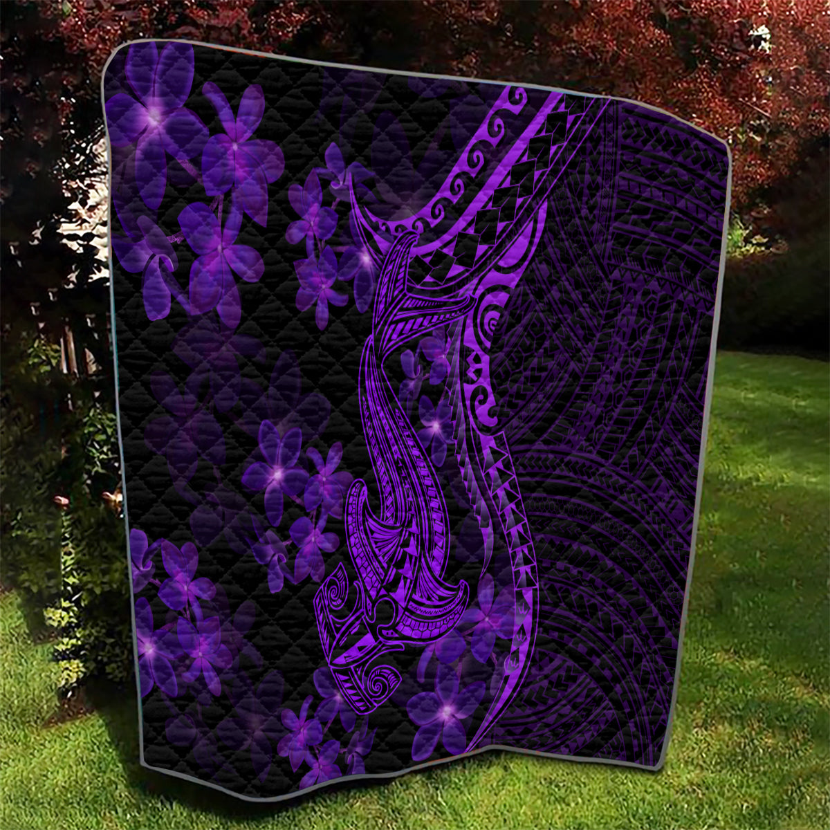 Purple Polynesia Shark Tattoo Quilt With Polynesian Plumeria LT14 - Polynesian Pride