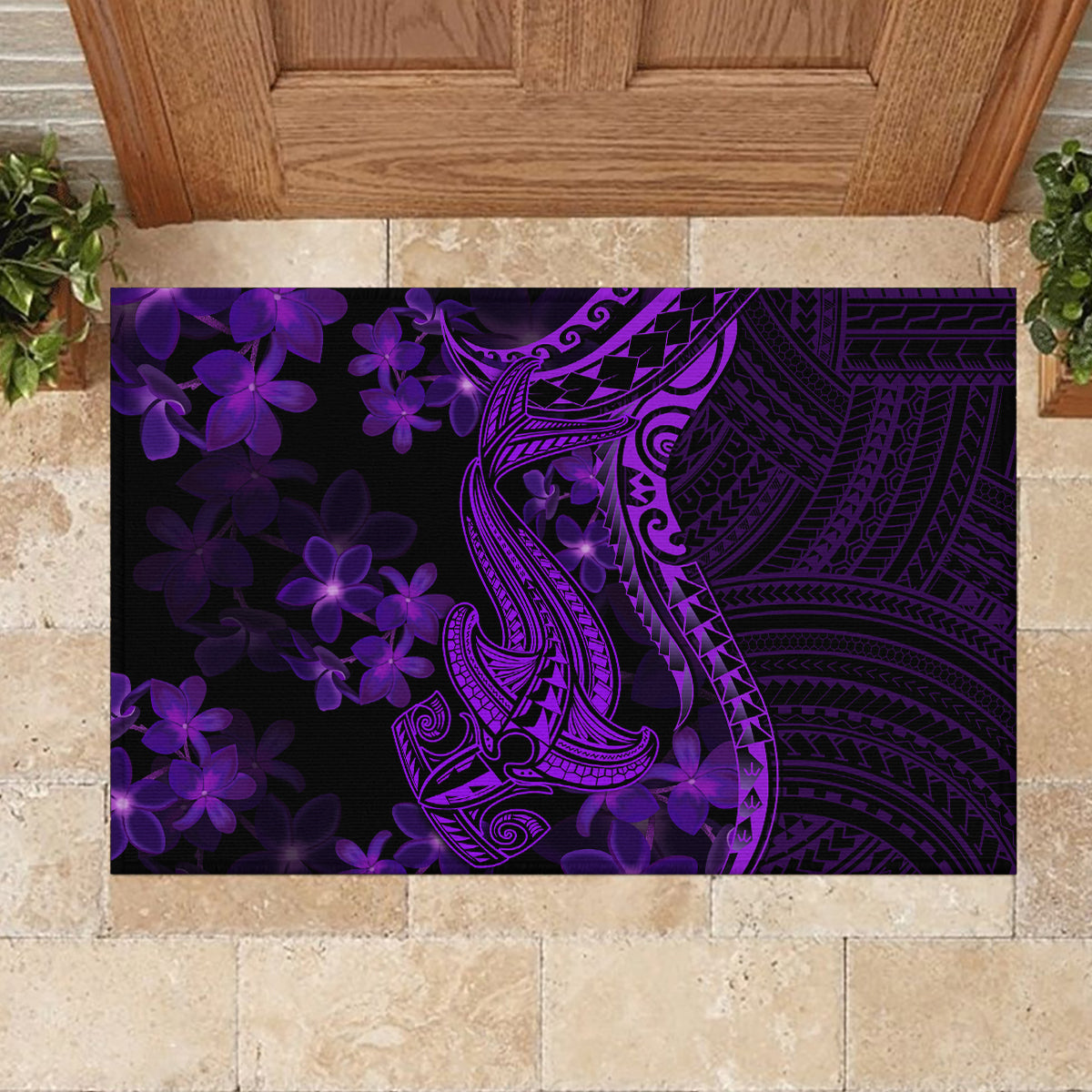 Purple Polynesia Shark Tattoo Rubber Doormat With Polynesian Plumeria LT14 - Polynesian Pride
