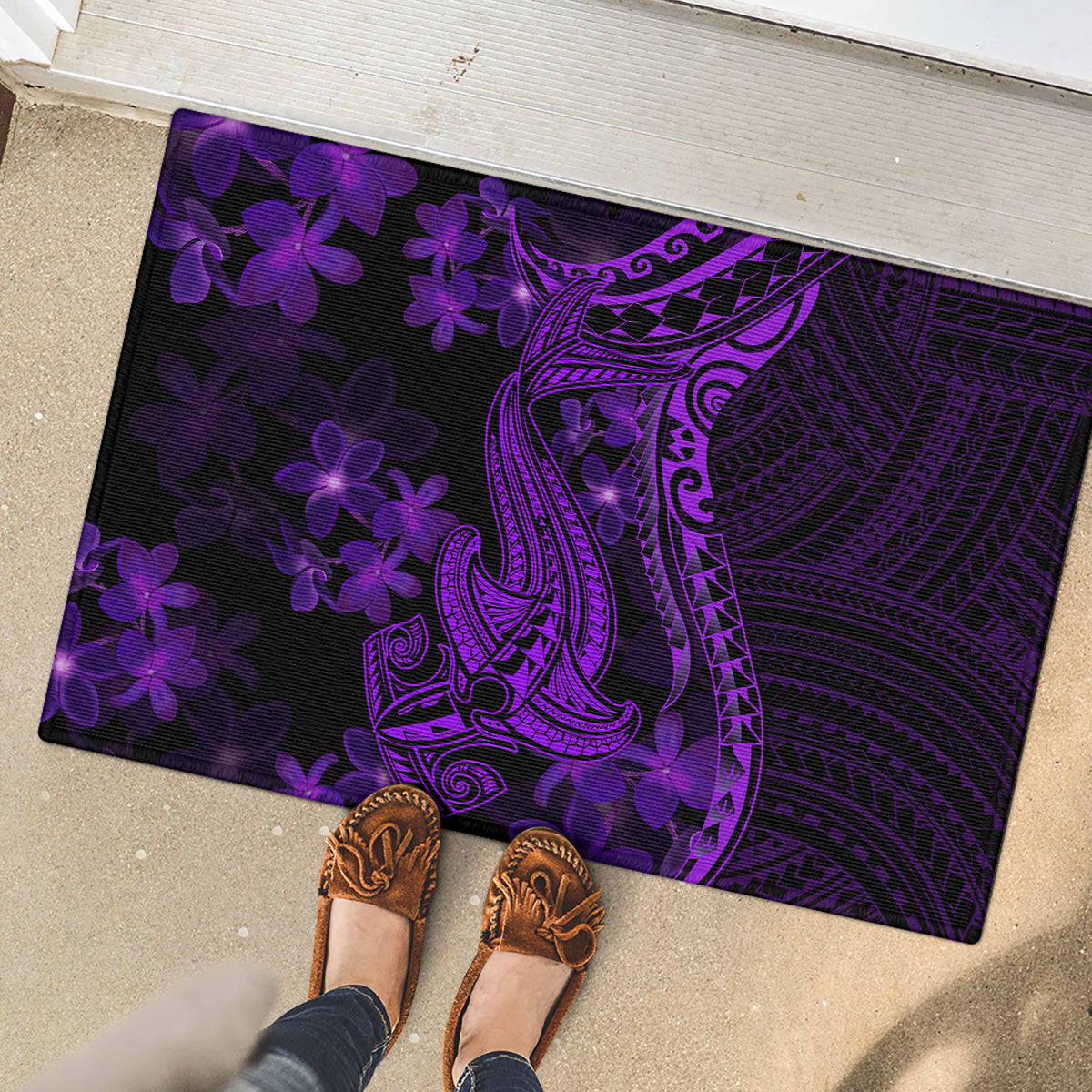 Purple Polynesia Shark Tattoo Rubber Doormat With Polynesian Plumeria LT14 - Polynesian Pride
