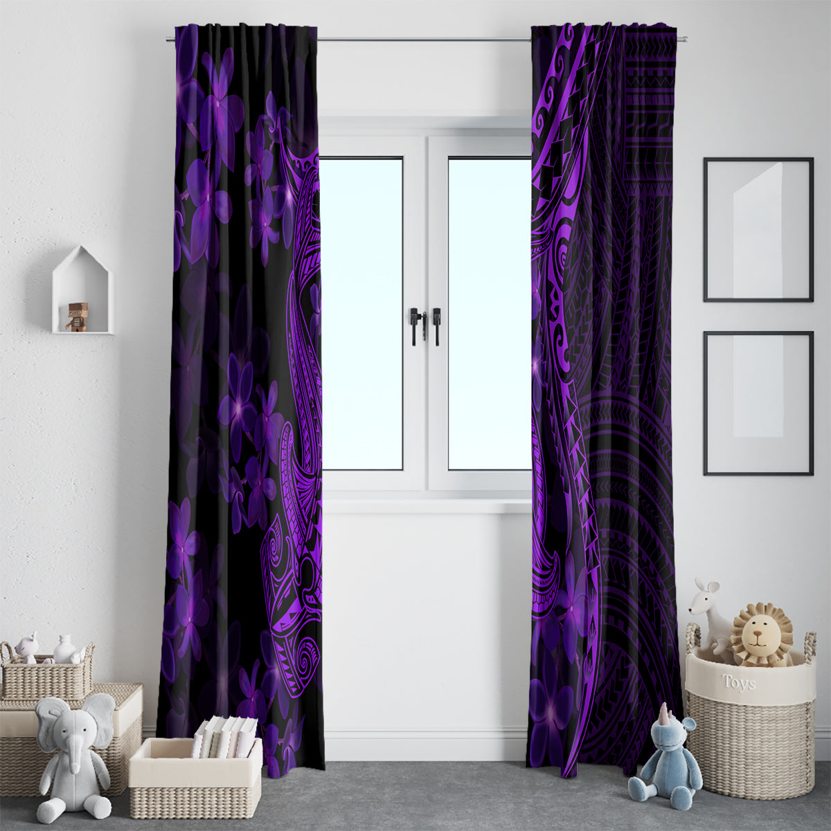 Purple Polynesia Shark Tattoo Window Curtain With Polynesian Plumeria LT14 - Polynesian Pride