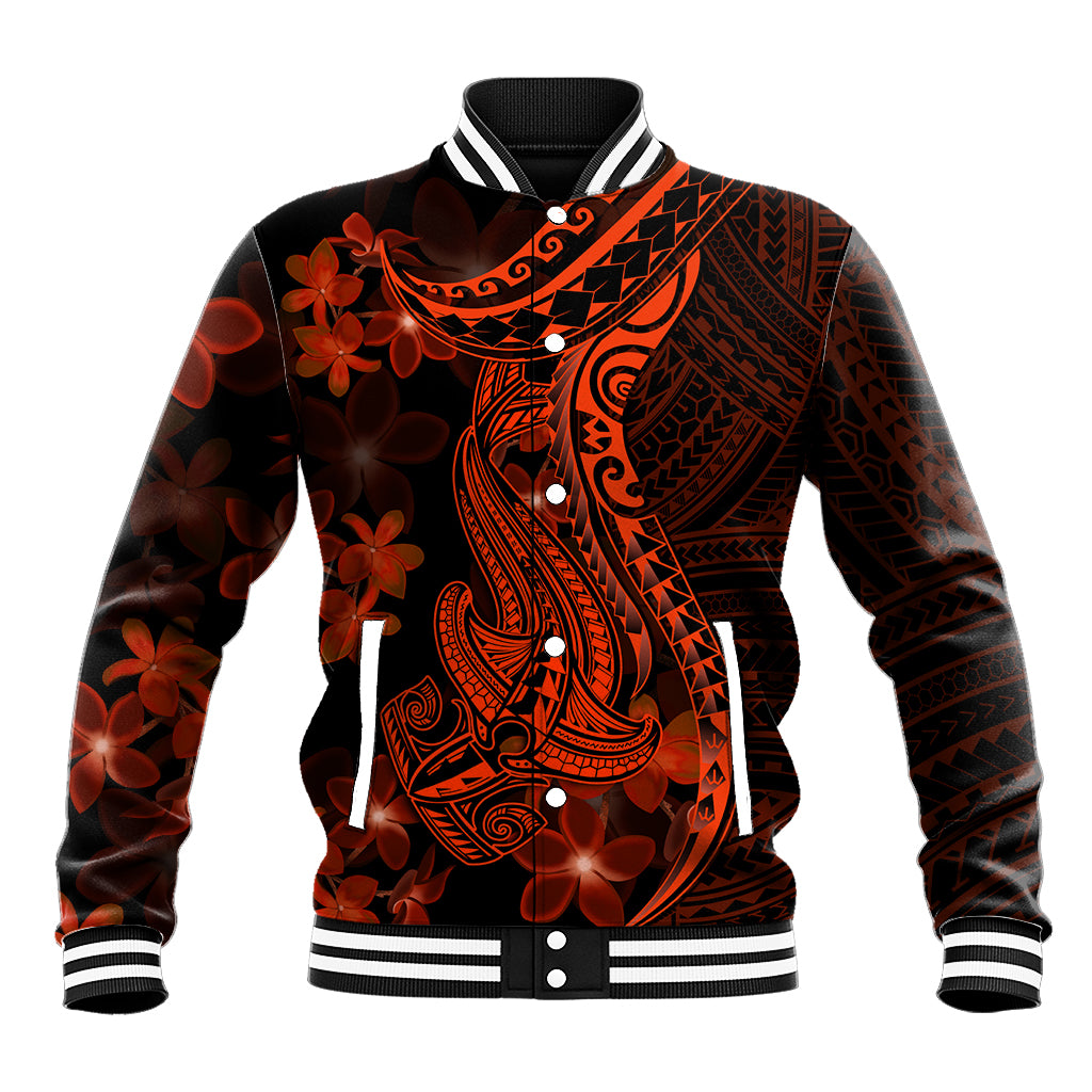 Red Polynesia Baseball Jacket Shark Tattoo With Polynesian Plumeria LT14 Unisex Red - Polynesian Pride