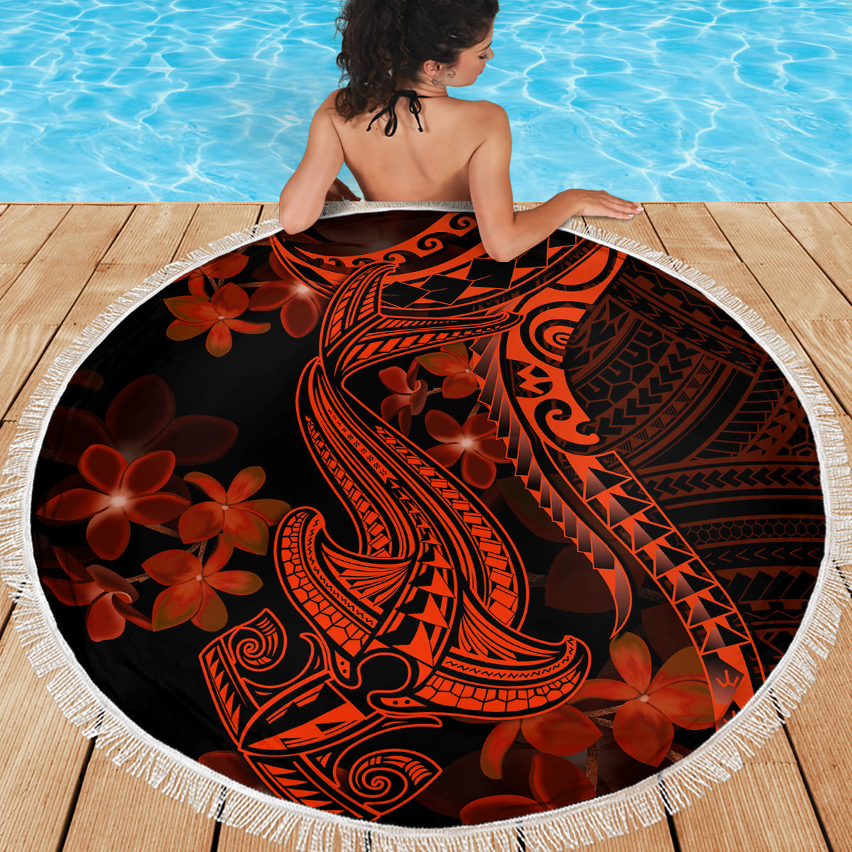 Red Polynesia Beach Blanket Shark Tattoo With Polynesian Plumeria LT14 - Polynesian Pride