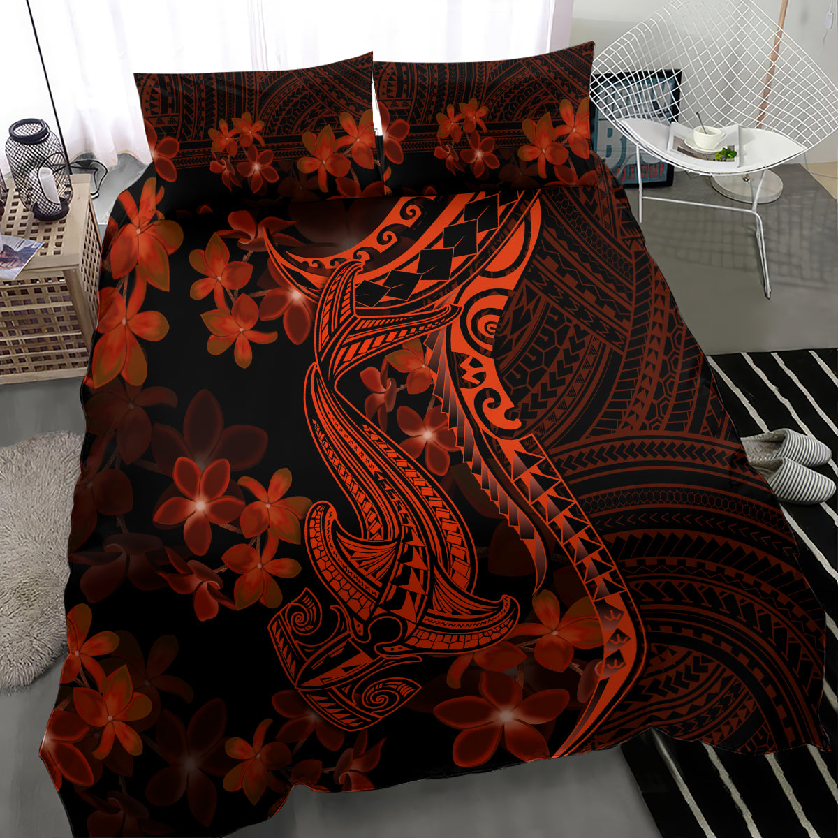Red Polynesia Bedding Set Shark Tattoo With Polynesian Plumeria LT14 - Polynesian Pride