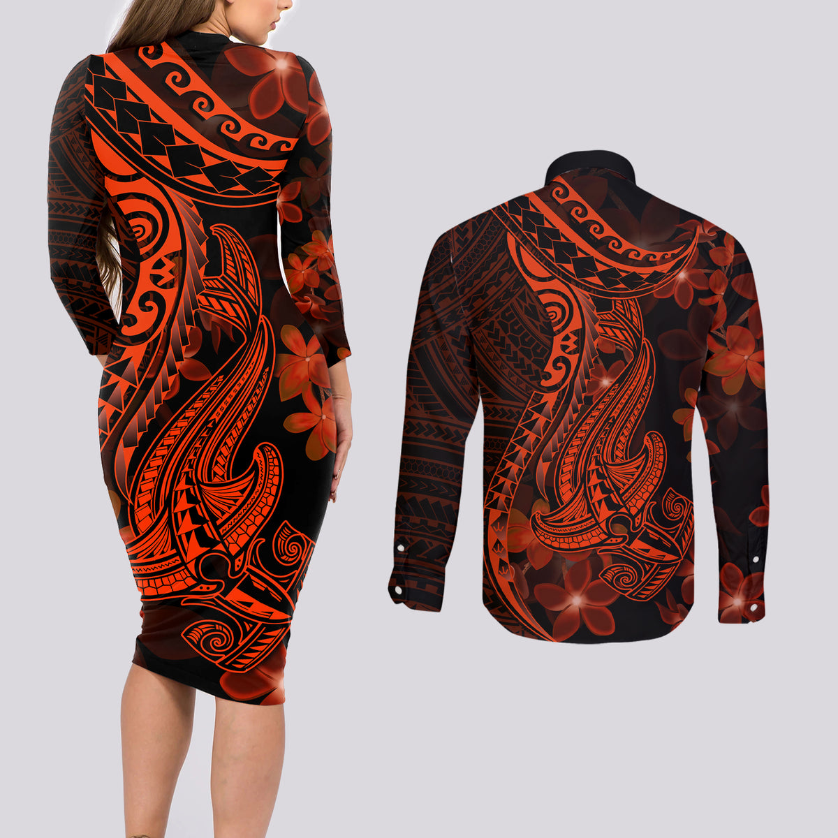Red Polynesia Couples Matching Long Sleeve Bodycon Dress and Long Sleeve Button Shirt Shark Tattoo With Polynesian Plumeria LT14 - Polynesian Pride