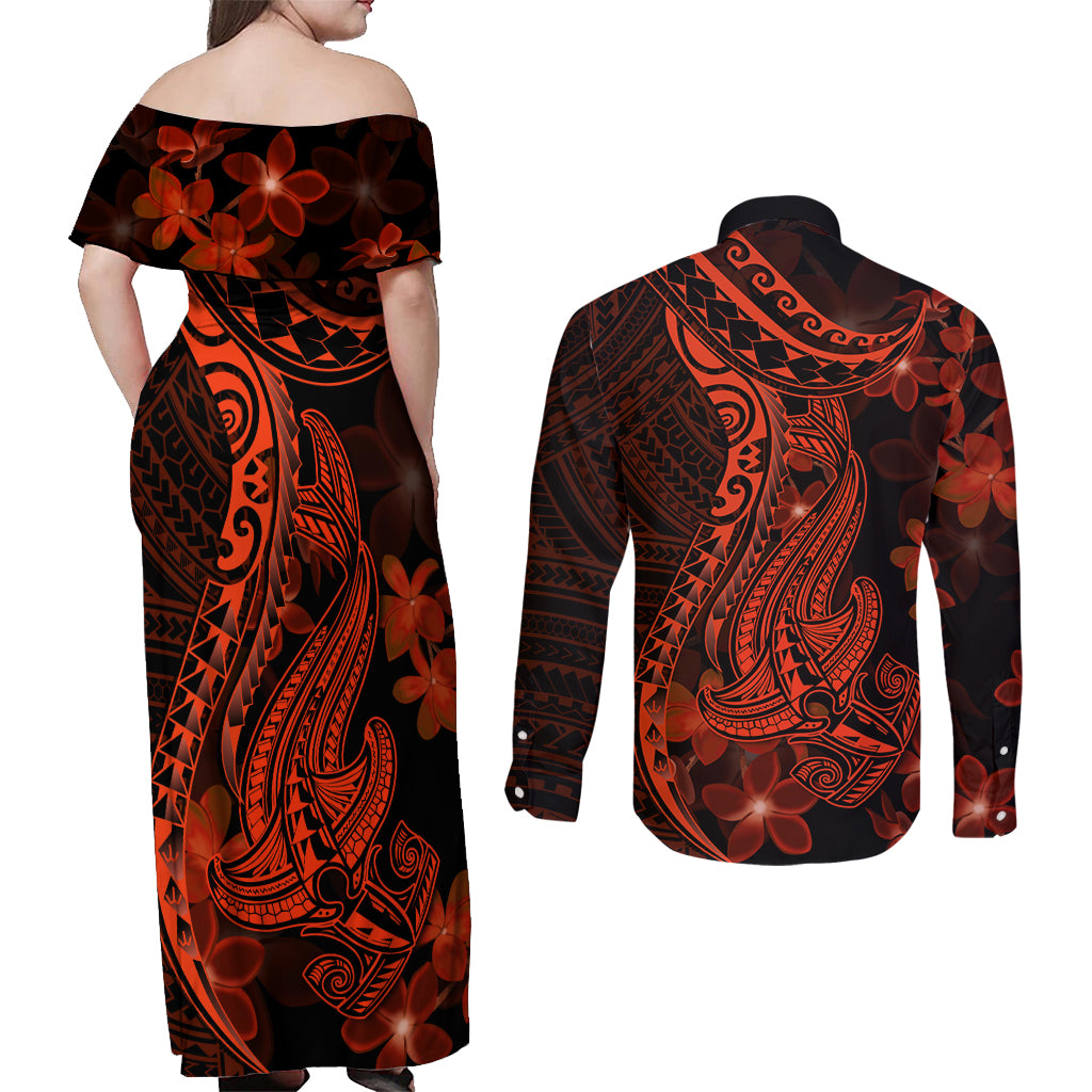 Red Polynesia Couples Matching Off Shoulder Maxi Dress and Long Sleeve Button Shirt Shark Tattoo With Polynesian Plumeria LT14 - Polynesian Pride