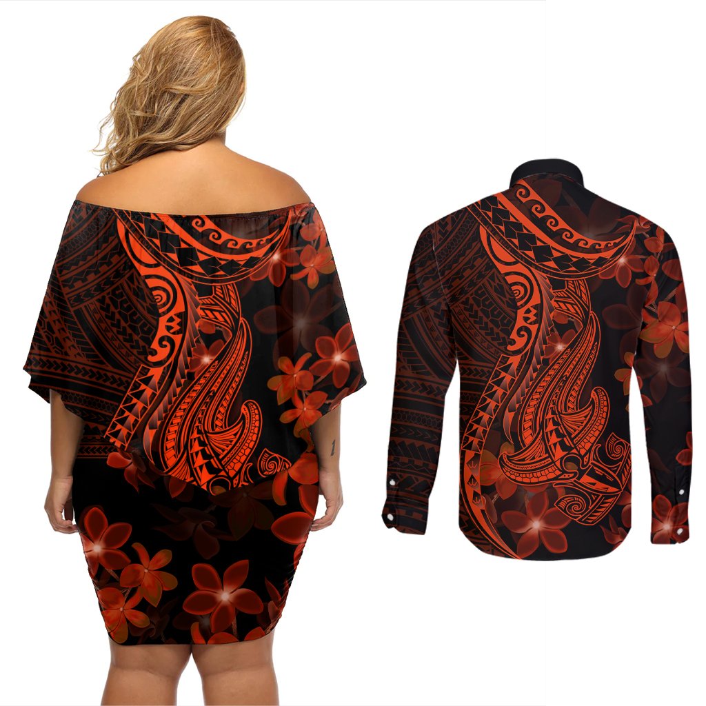 Red Polynesia Couples Matching Off Shoulder Short Dress and Long Sleeve Button Shirt Shark Tattoo With Polynesian Plumeria LT14 - Polynesian Pride