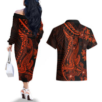 Red Polynesia Couples Matching Off The Shoulder Long Sleeve Dress and Hawaiian Shirt Shark Tattoo With Polynesian Plumeria LT14 - Polynesian Pride