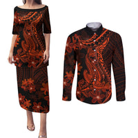 Red Polynesia Couples Matching Puletasi Dress and Long Sleeve Button Shirt Shark Tattoo With Polynesian Plumeria LT14 Red - Polynesian Pride