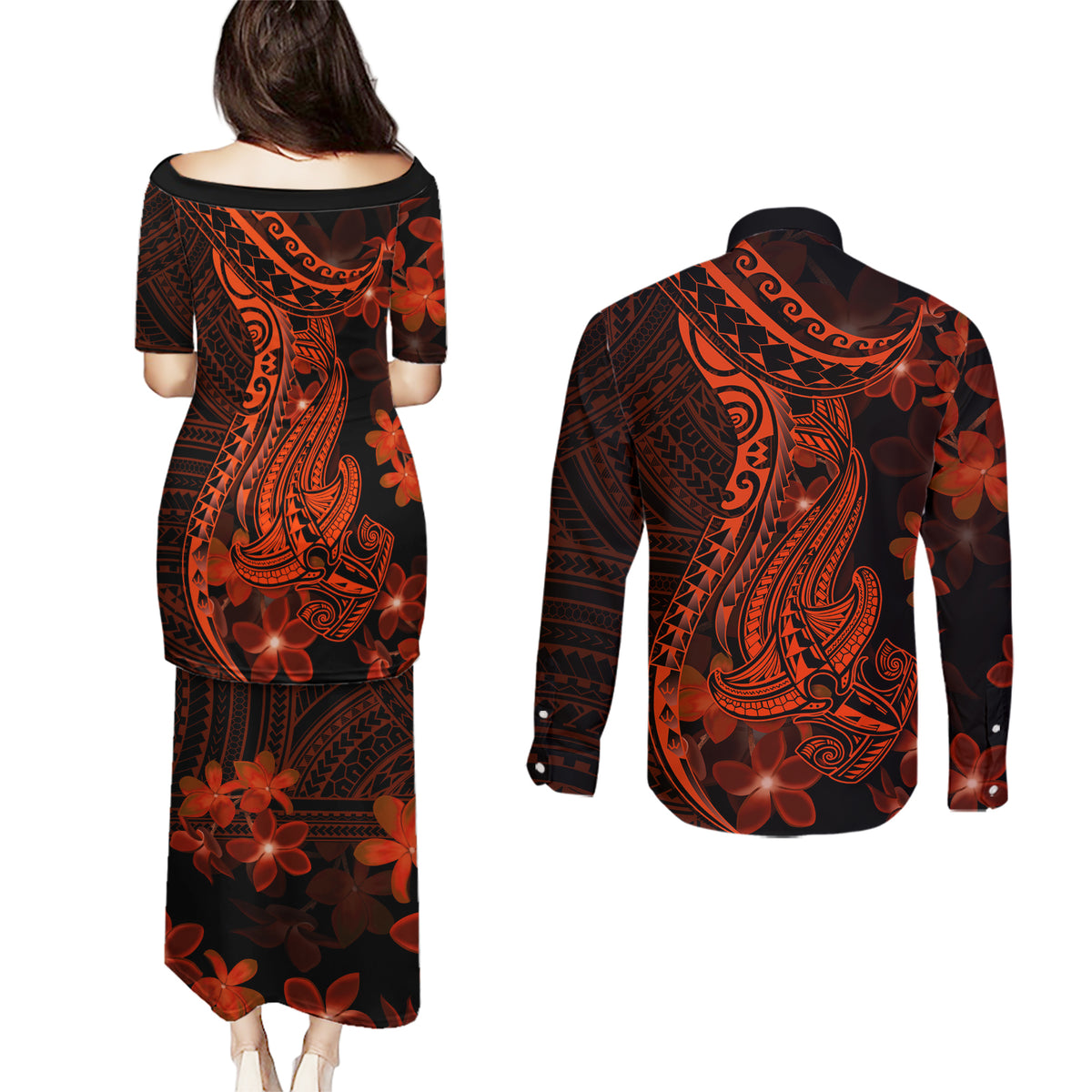 Red Polynesia Couples Matching Puletasi Dress and Long Sleeve Button Shirt Shark Tattoo With Polynesian Plumeria LT14 - Polynesian Pride