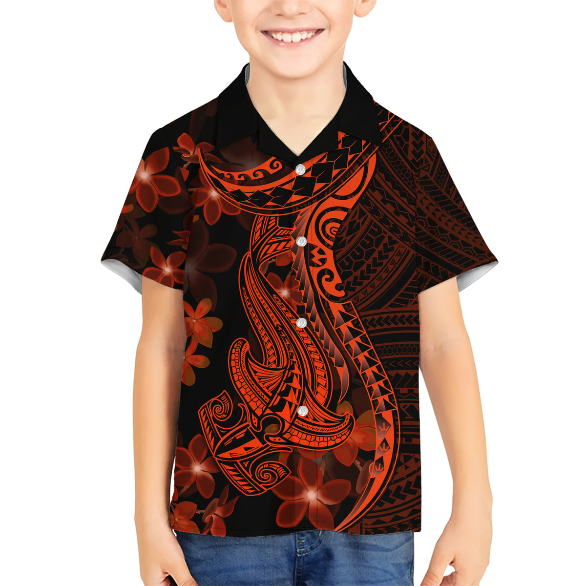 Red Polynesia Family Matching Short Sleeve Bodycon Dress and Hawaiian Shirt Shark Tattoo With Polynesian Plumeria LT14 Son's Shirt Red - Polynesian Pride