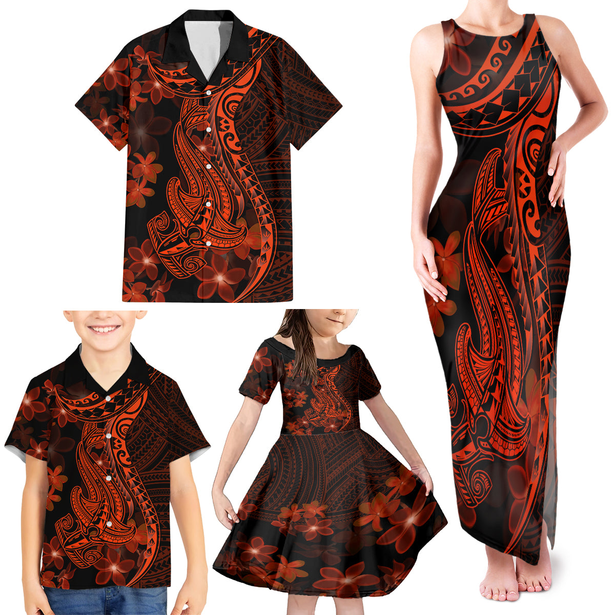 Red Polynesia Family Matching Tank Maxi Dress and Hawaiian Shirt Shark Tattoo With Polynesian Plumeria LT14 - Polynesian Pride
