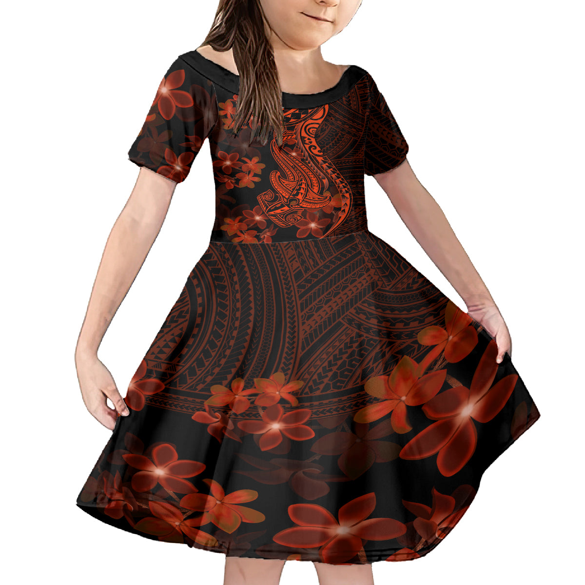 Red Polynesia Kid Short Sleeve Dress Shark Tattoo With Polynesian Plumeria LT14 KID Red - Polynesian Pride