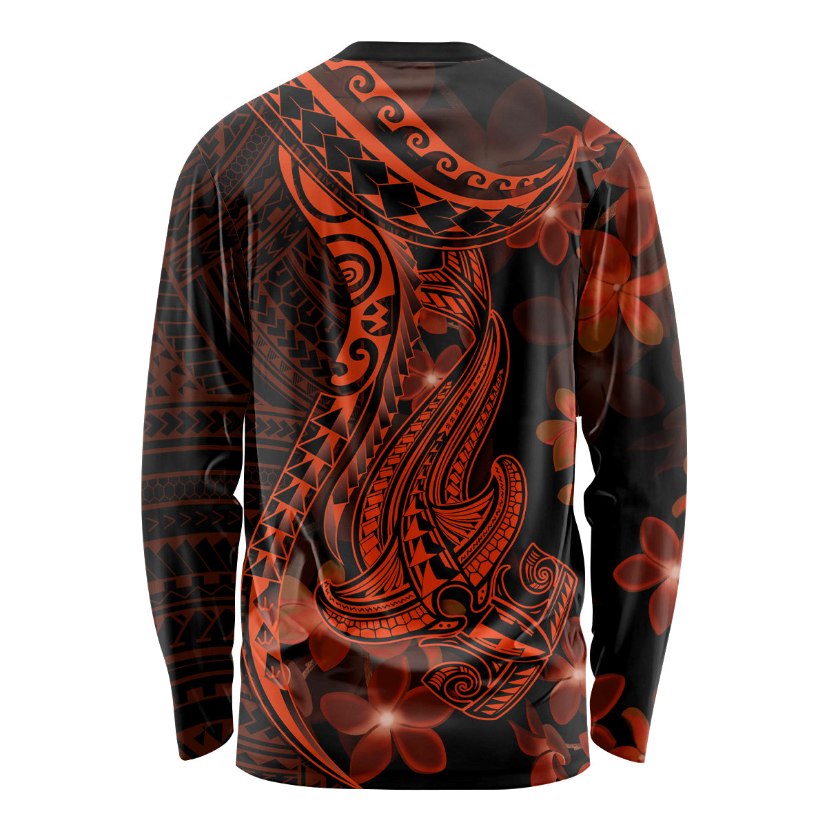 Red Polynesia Long Sleeve Shirt Shark Tattoo With Polynesian Plumeria LT14 - Polynesian Pride
