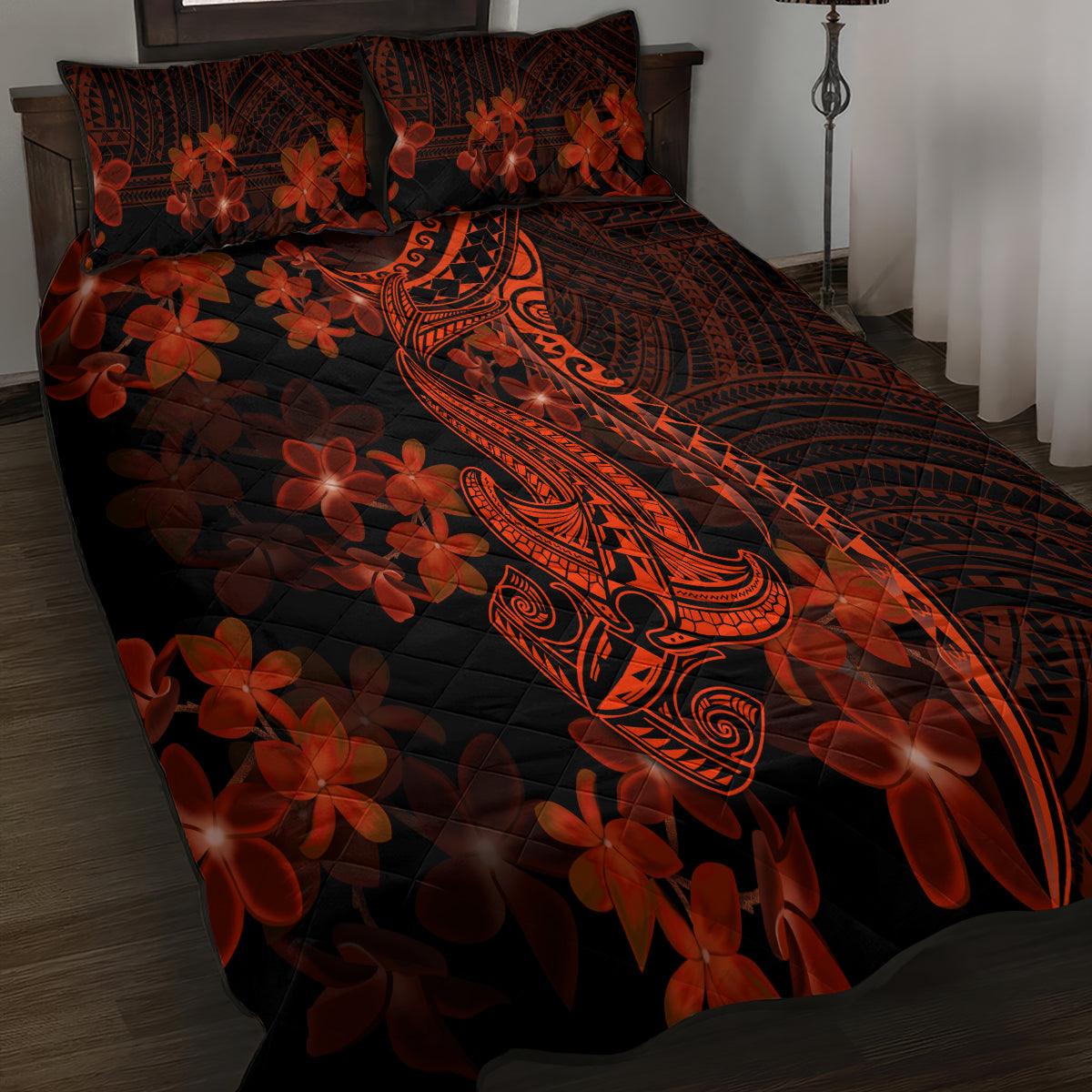 Red Polynesia Quilt Bed Set Shark Tattoo With Polynesian Plumeria LT14 - Polynesian Pride