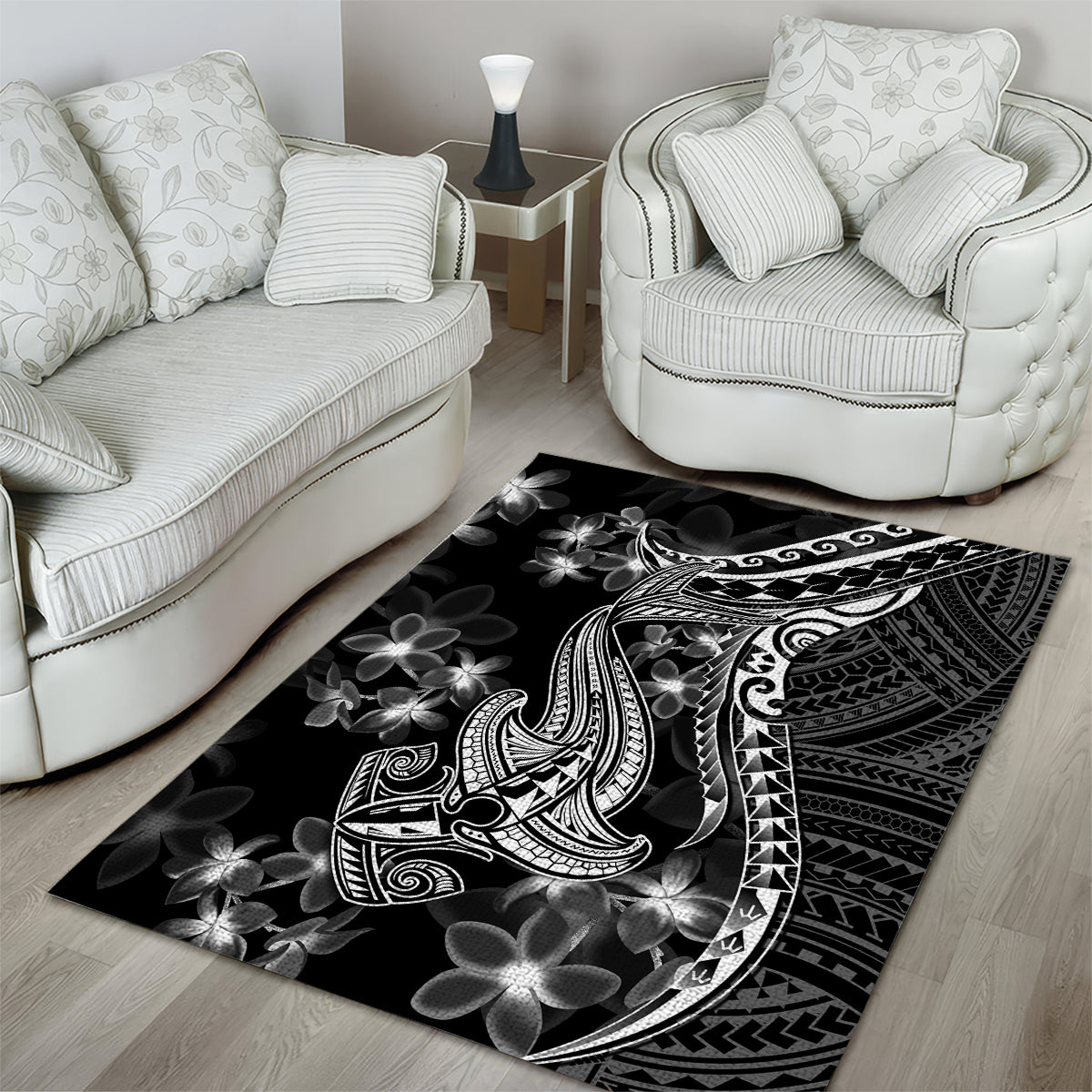 Black Polynesia Area Rug Shark Tattoo With Polynesian Plumeria LT14 - Polynesian Pride